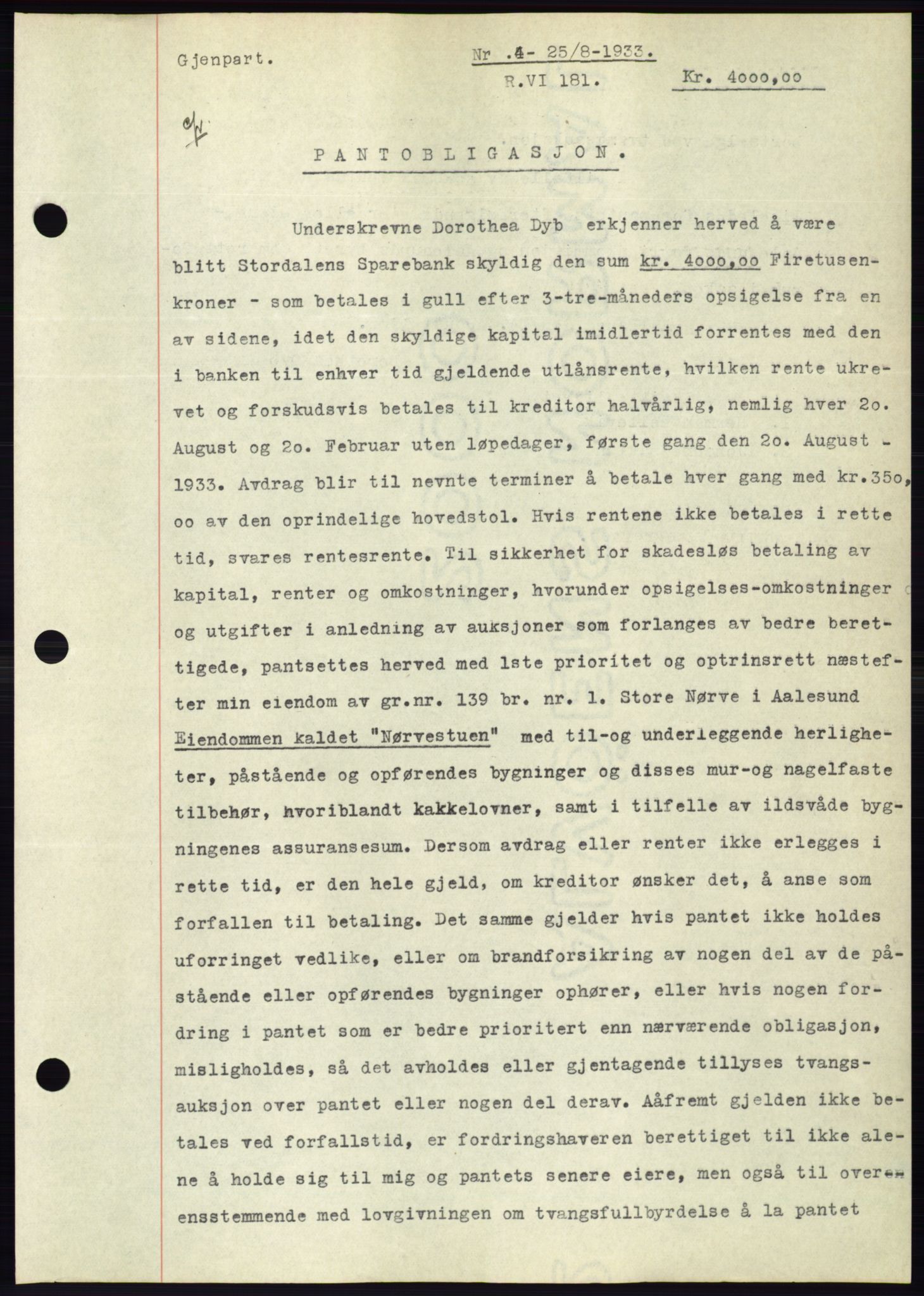 Ålesund byfogd, AV/SAT-A-4384: Pantebok nr. 31, 1933-1934, Tingl.dato: 25.08.1933