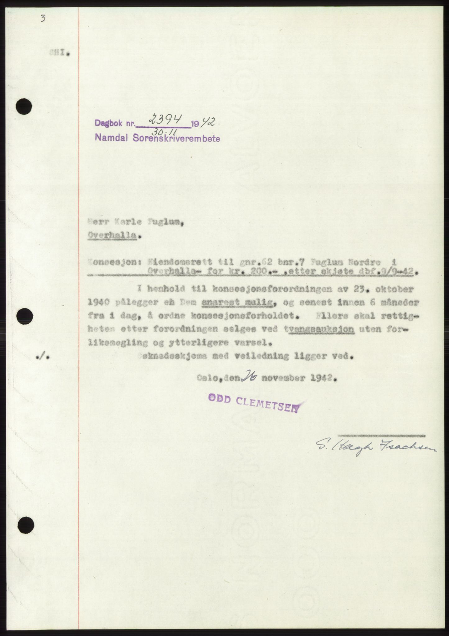 Namdal sorenskriveri, SAT/A-4133/1/2/2C: Pantebok nr. -, 1942-1943, Dagboknr: 2394/1942