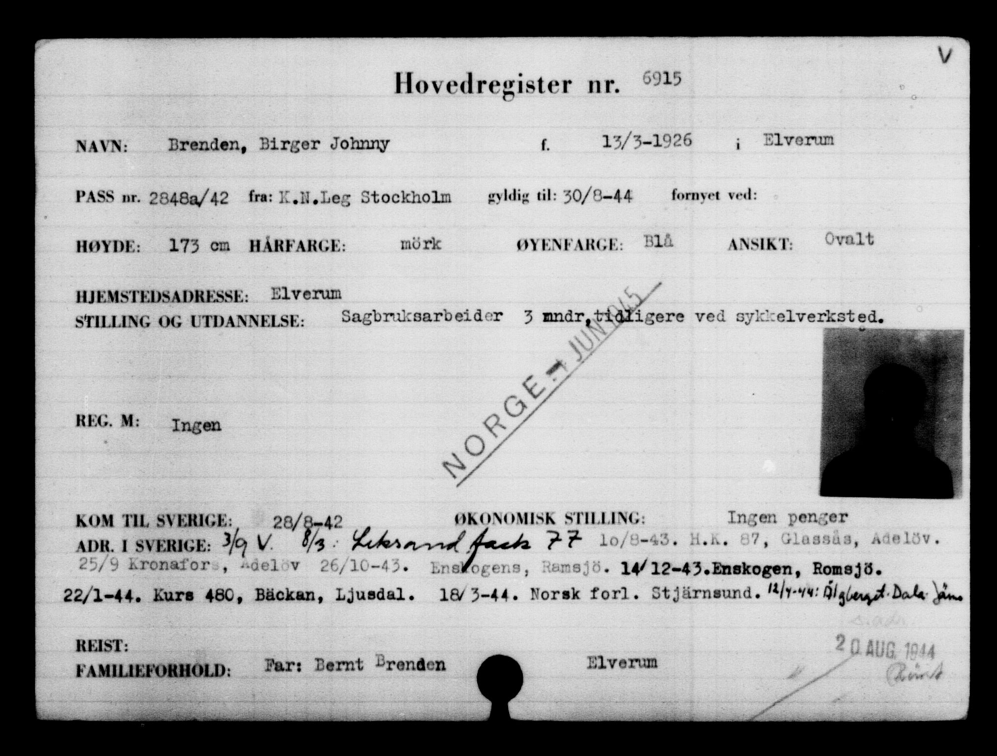 Utenriksstasjonene, Legasjonen i Stockholm, Flyktningkontoret, AV/RA-S-6753/V/Va/L0005: Kjesäterkartoteket, flyktning nr. 6600-9417, 1940-1945, s. 381