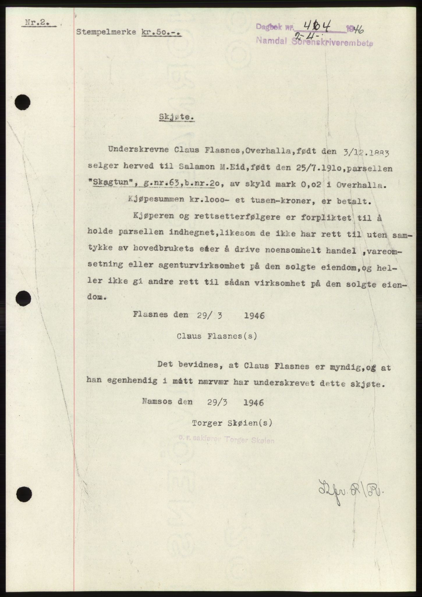 Namdal sorenskriveri, SAT/A-4133/1/2/2C: Pantebok nr. -, 1946-1946, Dagboknr: 464/1946