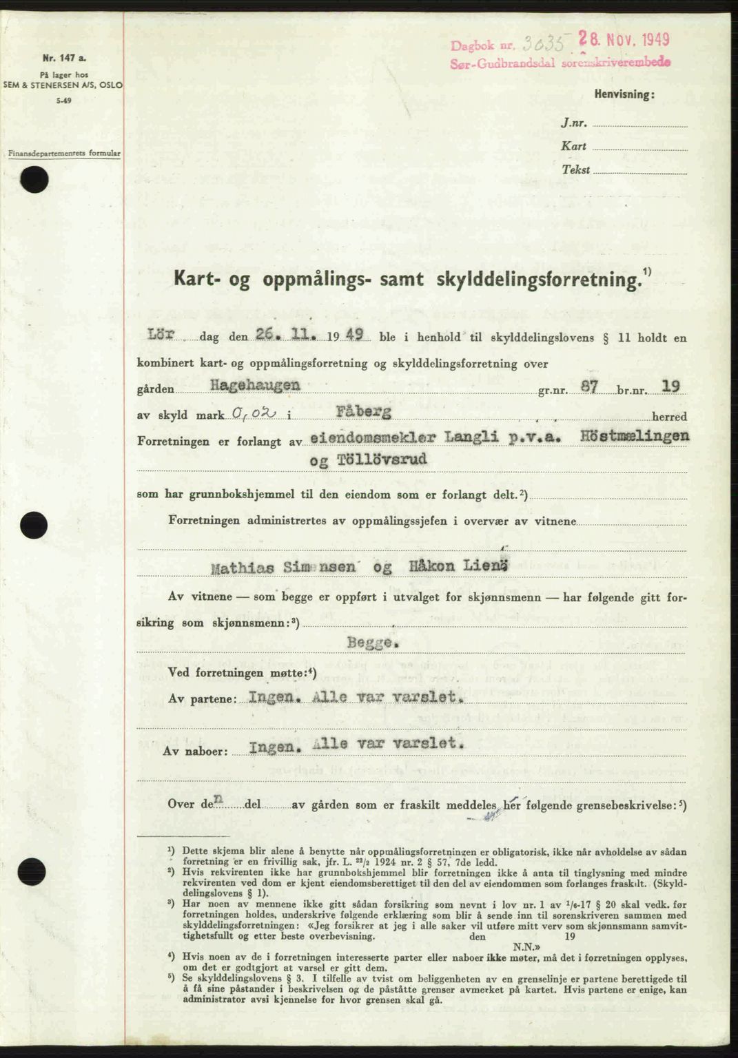 Sør-Gudbrandsdal tingrett, SAH/TING-004/H/Hb/Hbd/L0026: Pantebok nr. A26, 1949-1949, Dagboknr: 3035/1949