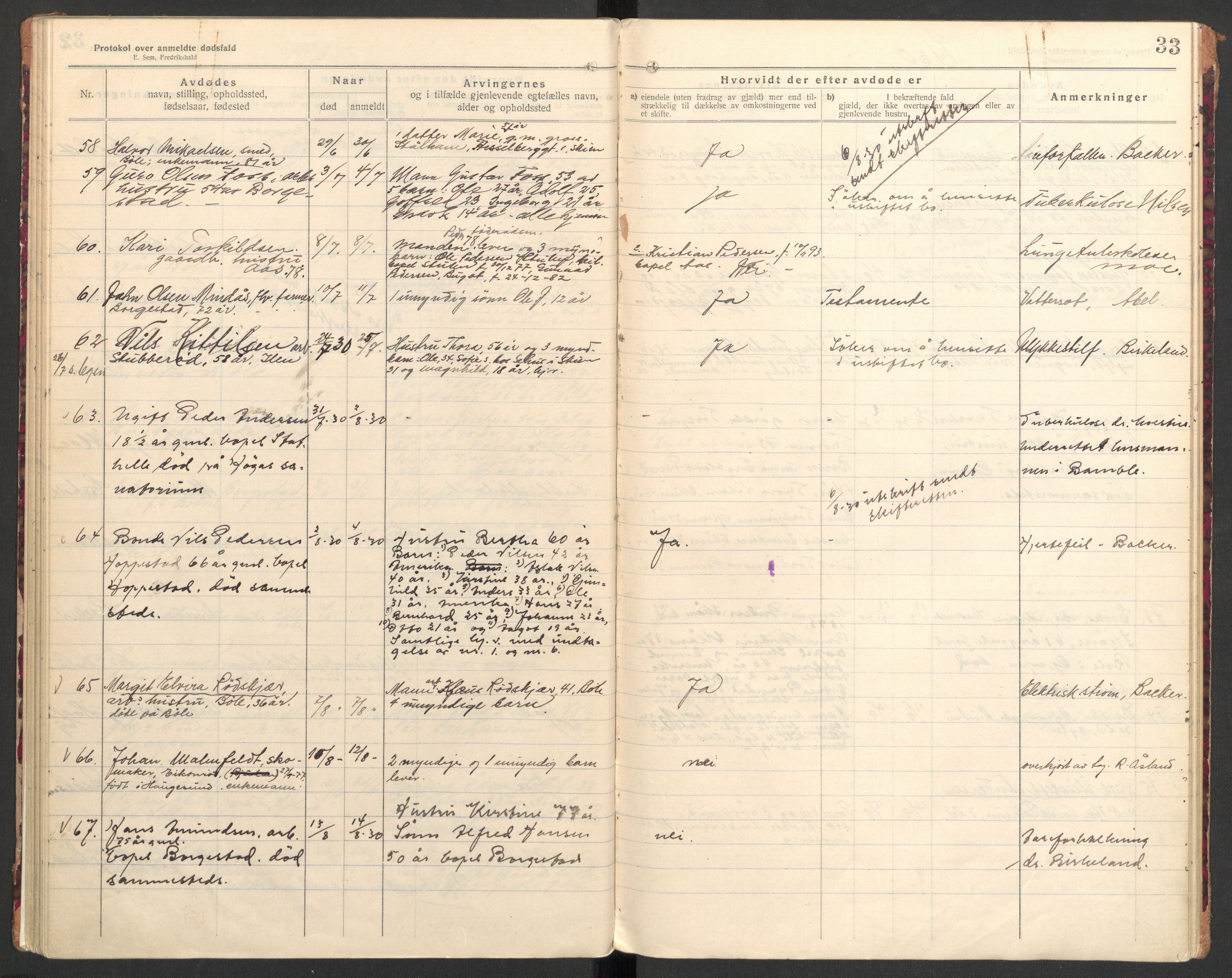 Gjerpen og Siljan lensmannskontor, AV/SAKO-A-555/H/Ha/L0003: Dødsfallsprotokoll, 1922-1931, s. 33