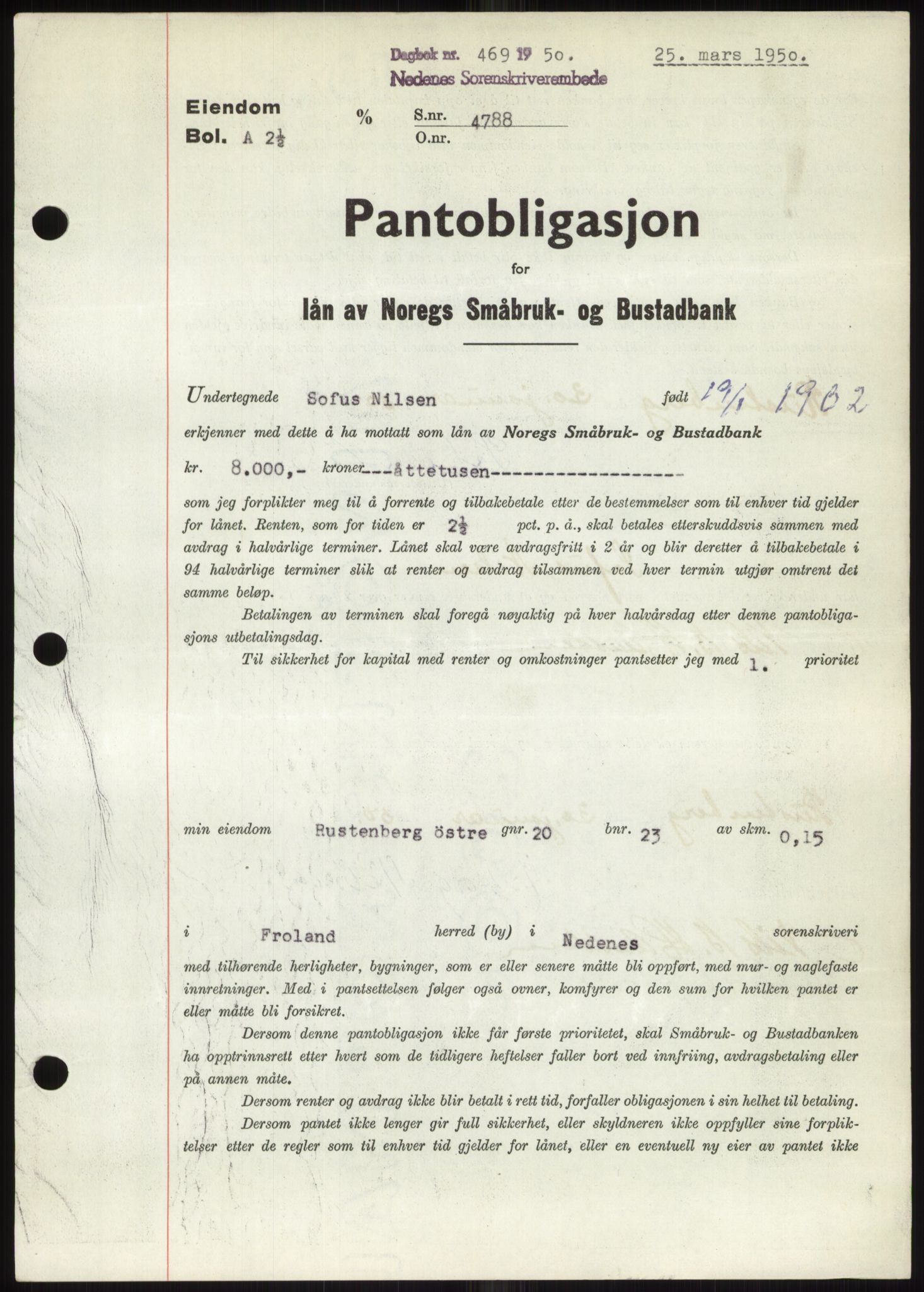 Nedenes sorenskriveri, SAK/1221-0006/G/Gb/Gbb/L0007: Pantebok nr. B7, 1949-1950, Dagboknr: 469/1950