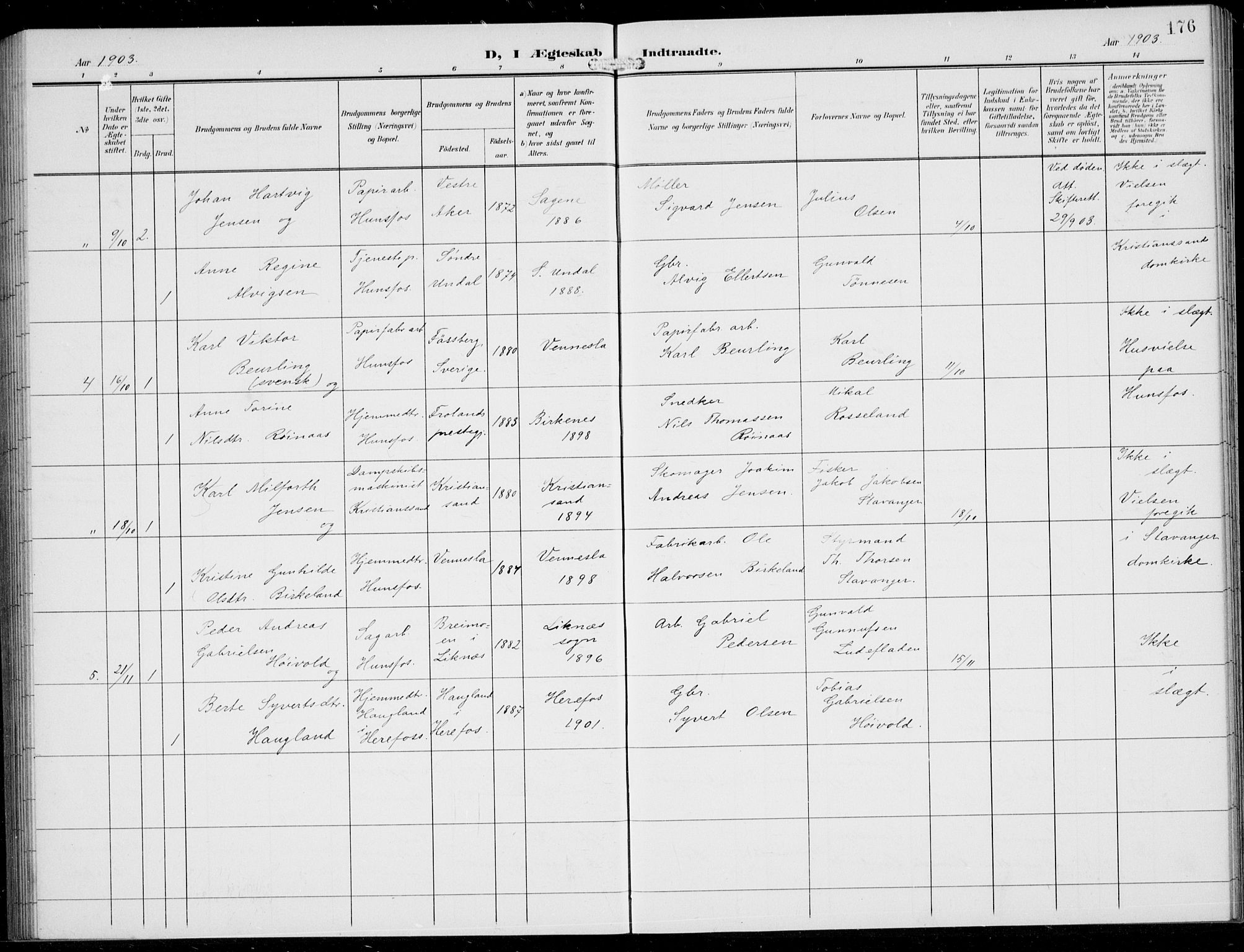 Vennesla sokneprestkontor, AV/SAK-1111-0045/Fb/Fbb/L0005: Klokkerbok nr. B 5, 1903-1913, s. 176