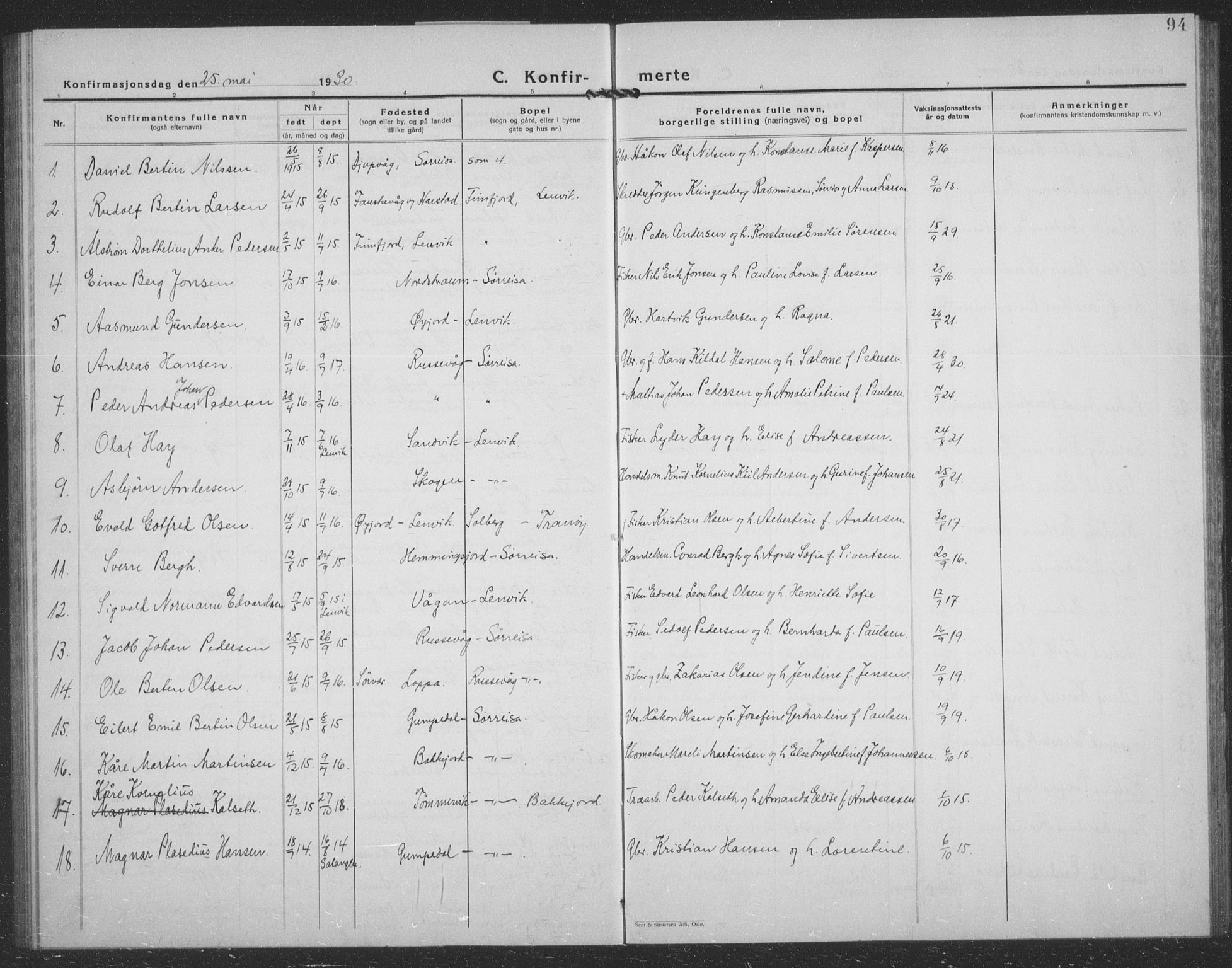 Tranøy sokneprestkontor, AV/SATØ-S-1313/I/Ia/Iab/L0024klokker: Klokkerbok nr. 24, 1929-1943, s. 94