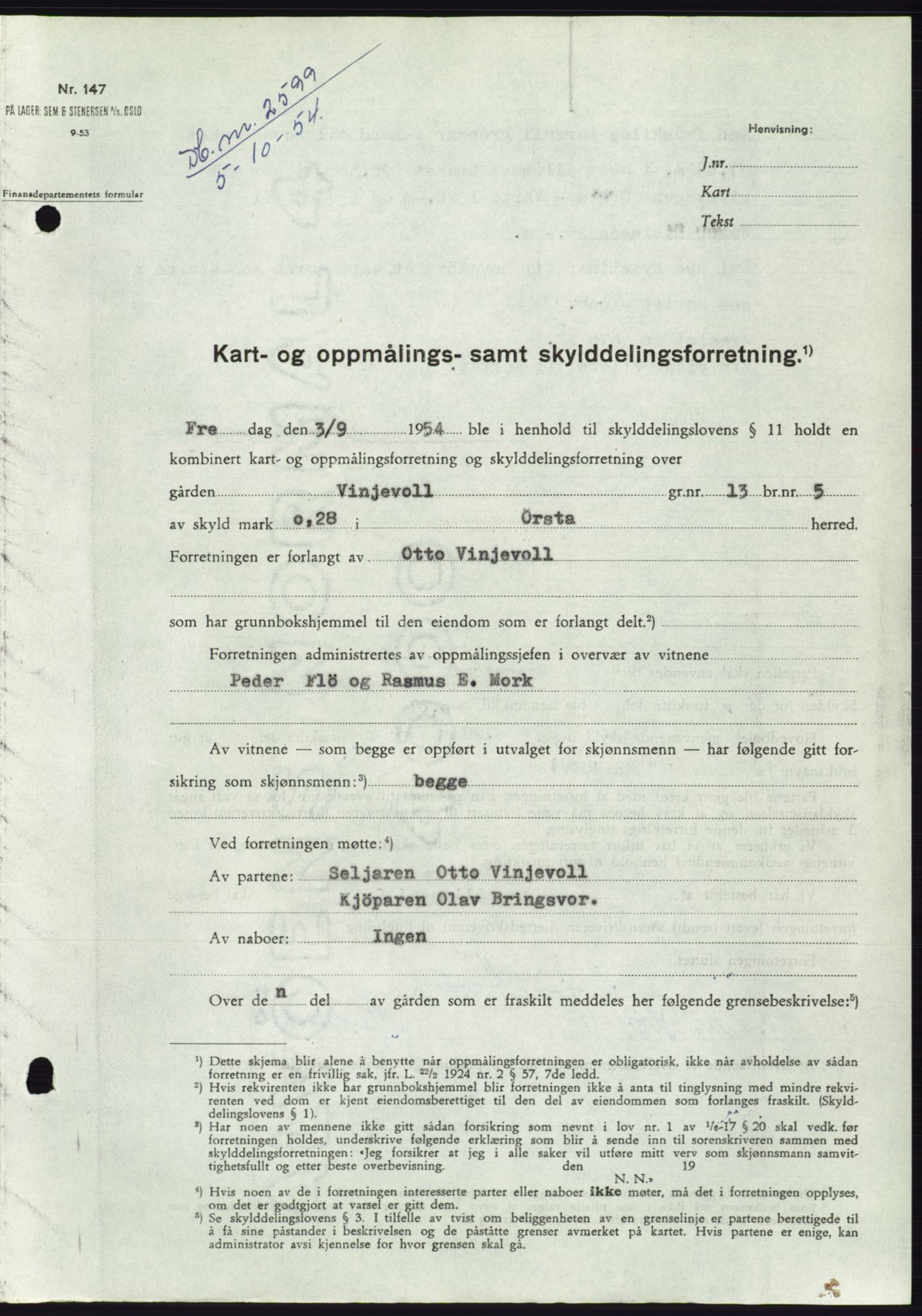 Søre Sunnmøre sorenskriveri, AV/SAT-A-4122/1/2/2C/L0099: Pantebok nr. 25A, 1954-1954, Dagboknr: 2599/1954