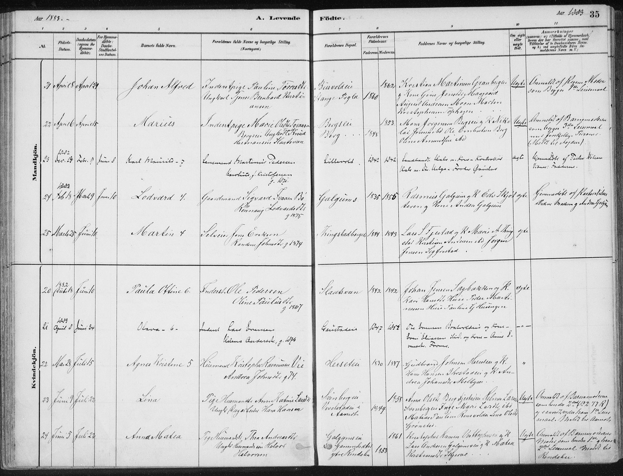 Romedal prestekontor, AV/SAH-PREST-004/K/L0010: Ministerialbok nr. 10, 1880-1895, s. 35