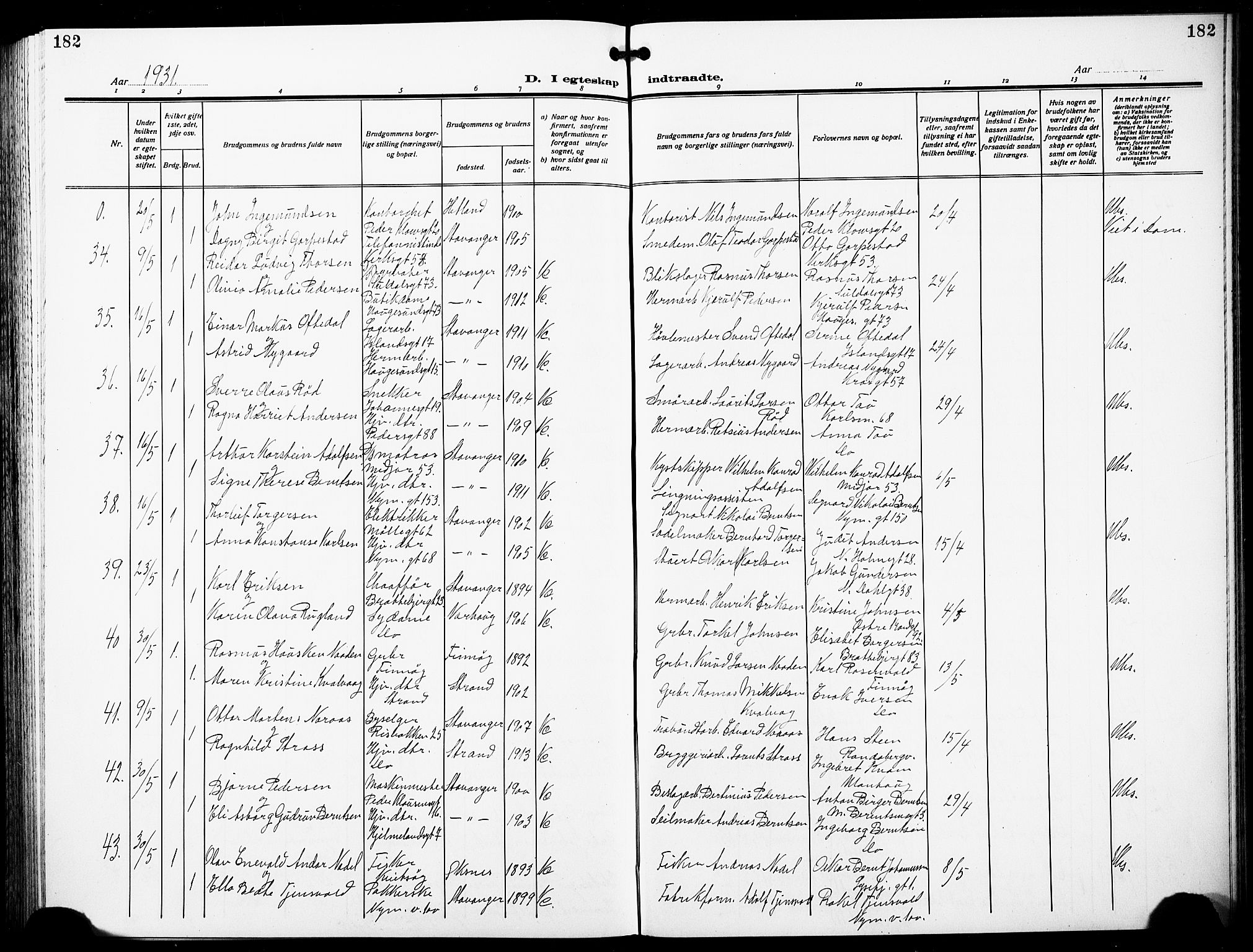 St. Johannes sokneprestkontor, AV/SAST-A-101814/001/30/30BB/L0007: Klokkerbok nr. B 7, 1917-1932, s. 182