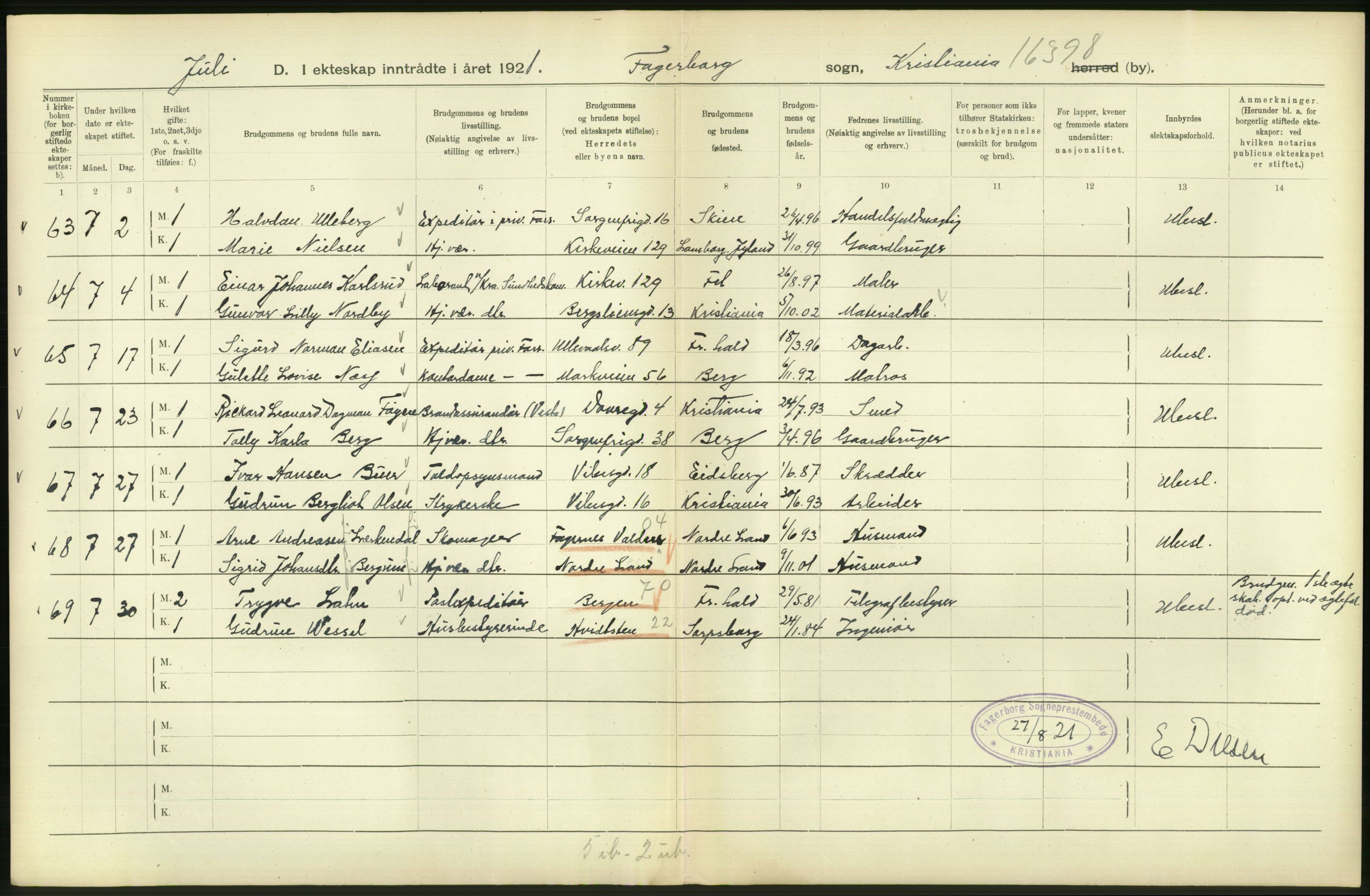 Statistisk sentralbyrå, Sosiodemografiske emner, Befolkning, AV/RA-S-2228/D/Df/Dfc/Dfca/L0011: Kristiania: Gifte, 1921, s. 276