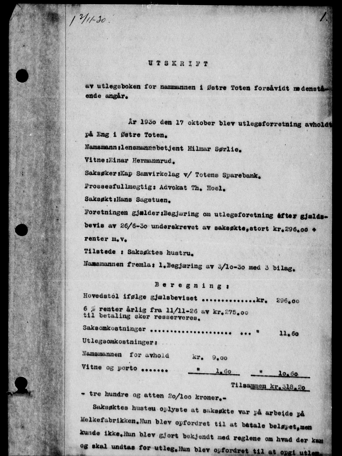 Toten tingrett, AV/SAH-TING-006/H/Hb/Hba/L0043: Pantebok nr. 43, 1930-1931, s. 1