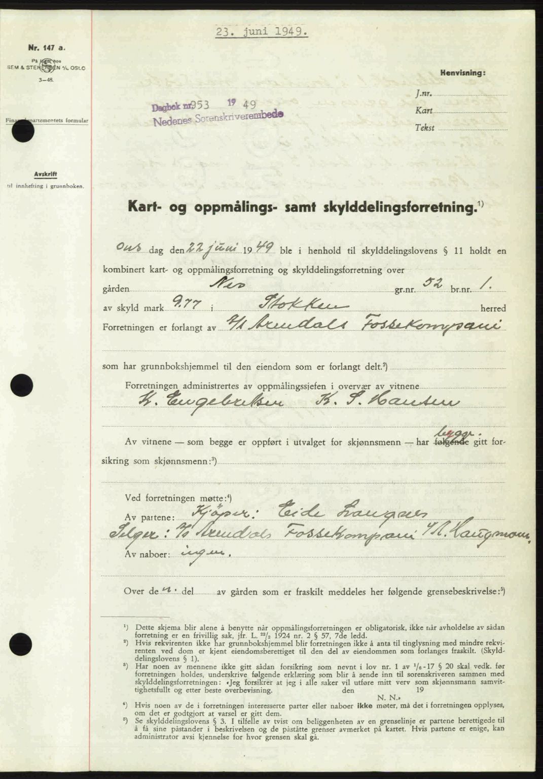 Nedenes sorenskriveri, SAK/1221-0006/G/Gb/Gba/L0060: Pantebok nr. A12, 1948-1949, Dagboknr: 953/1949