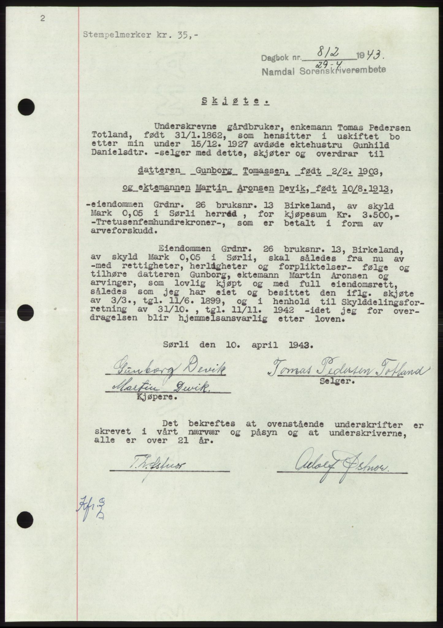 Namdal sorenskriveri, SAT/A-4133/1/2/2C: Pantebok nr. -, 1942-1943, Dagboknr: 812/1943