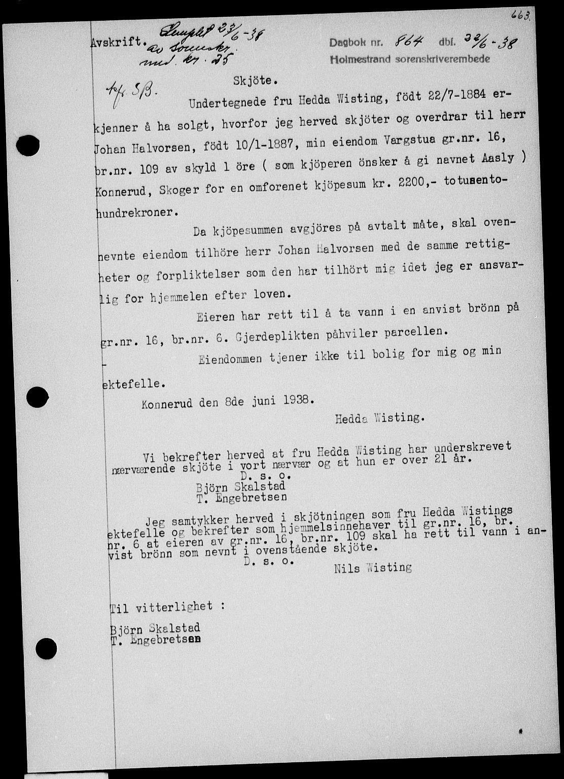 Holmestrand sorenskriveri, SAKO/A-67/G/Ga/Gaa/L0049: Pantebok nr. A-49, 1937-1938, Dagboknr: 864/1938