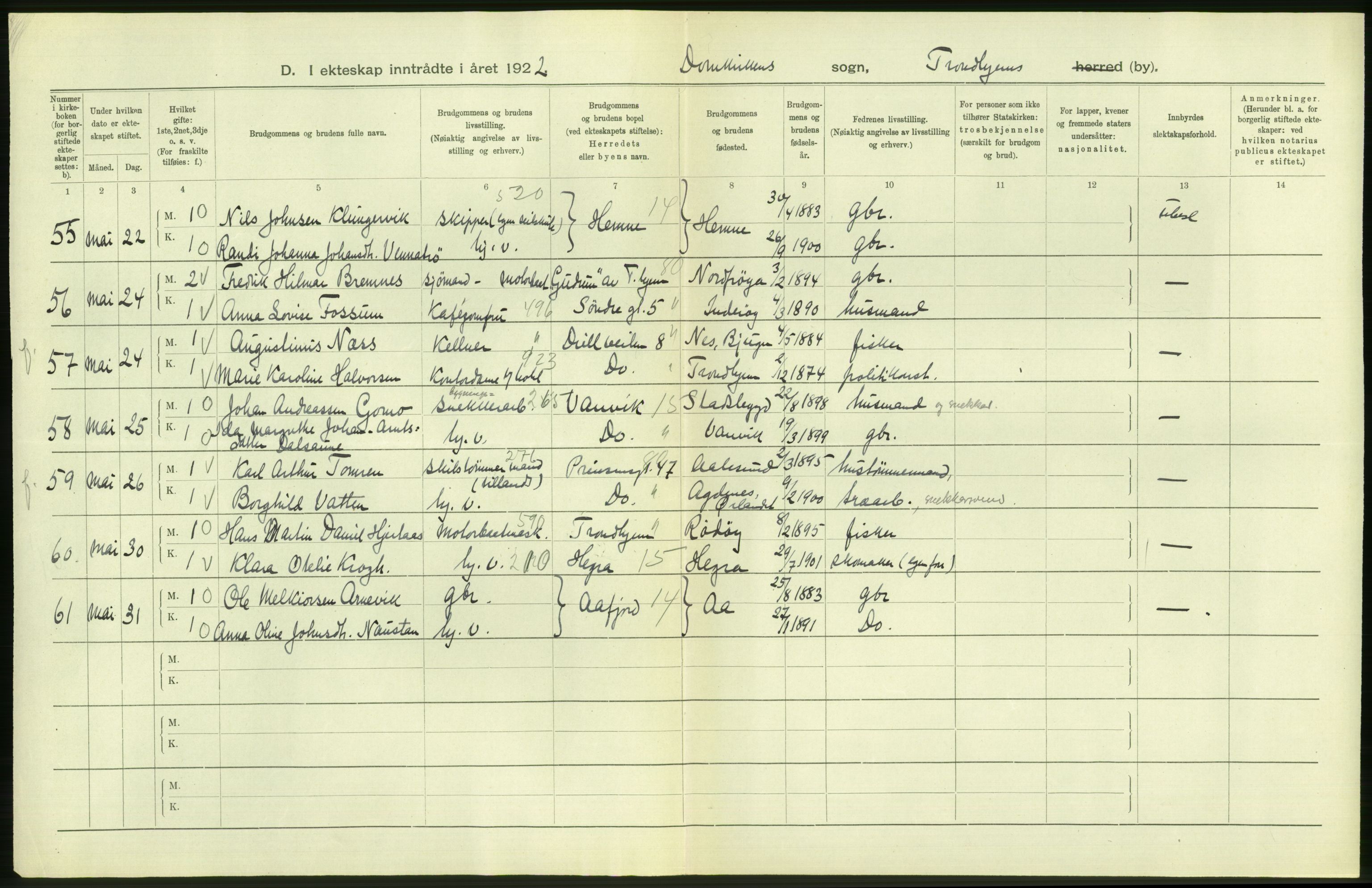 Statistisk sentralbyrå, Sosiodemografiske emner, Befolkning, AV/RA-S-2228/D/Df/Dfc/Dfcb/L0040: Trondheim: Gifte, døde, dødfødte., 1922, s. 18