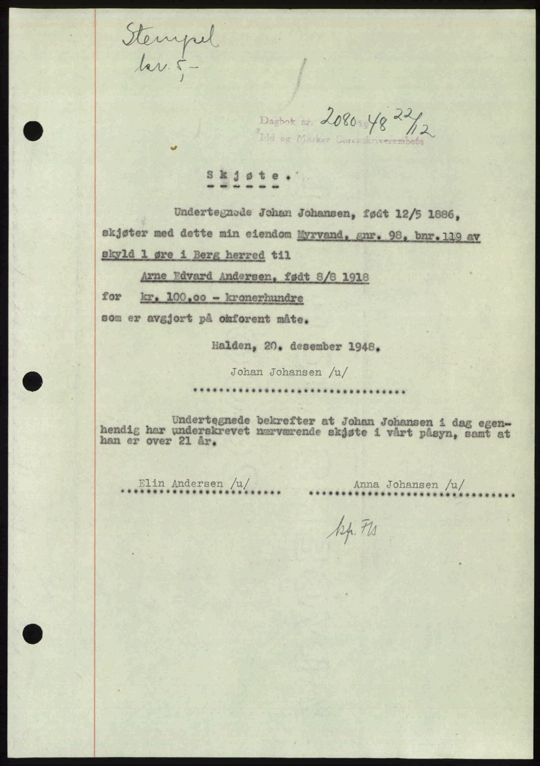 Idd og Marker sorenskriveri, SAO/A-10283/G/Gb/Gbb/L0011: Pantebok nr. A11, 1948-1949, Dagboknr: 2080/1948