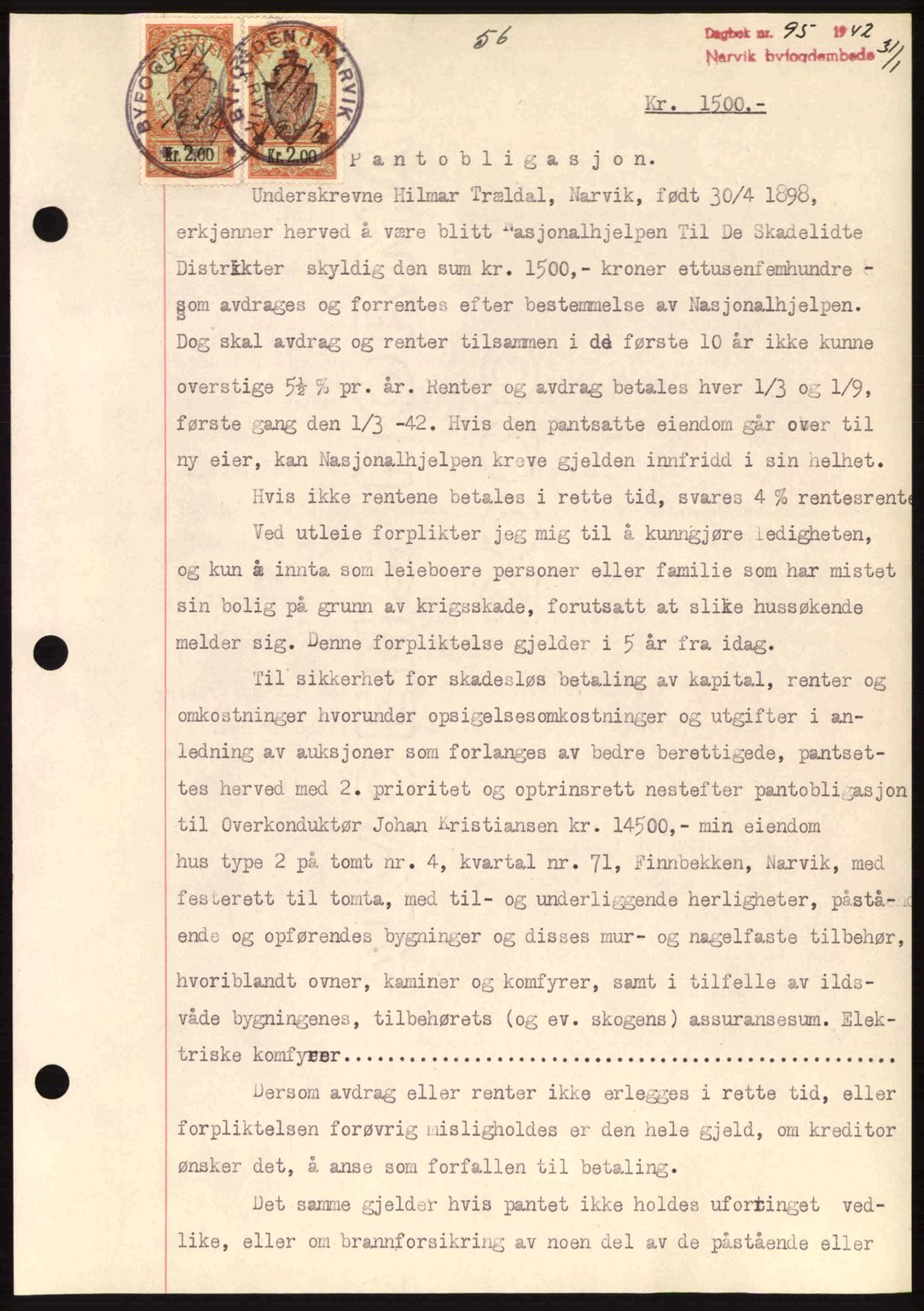 Narvik sorenskriveri, SAT/A-0002/1/2/2C/2Ca: Pantebok nr. A19, 1942-1943, Dagboknr: 95/1942