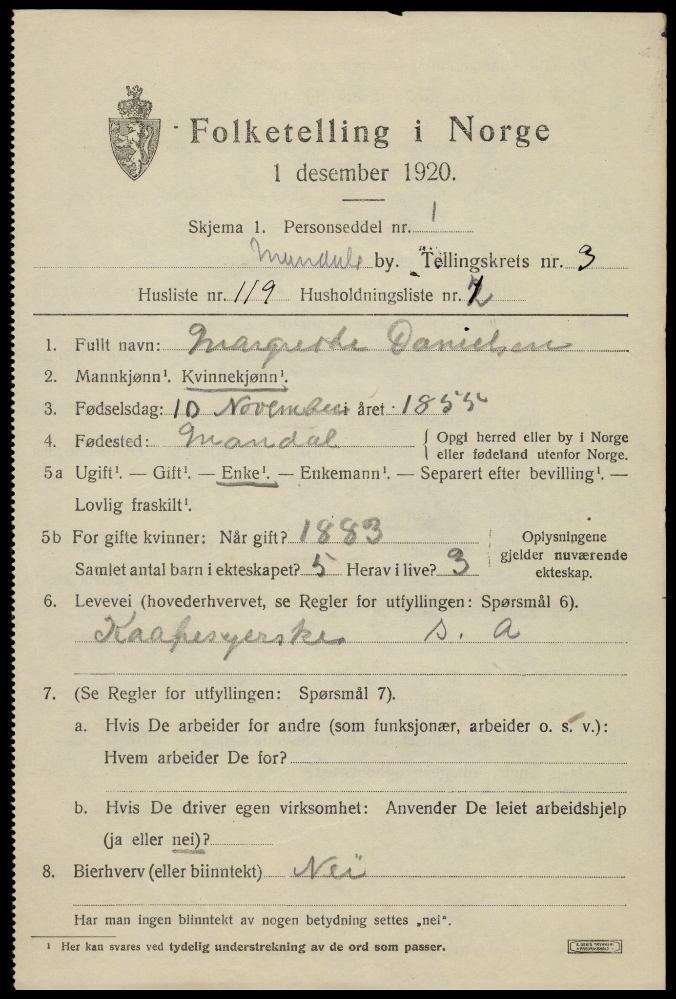 SAK, Folketelling 1920 for 1002 Mandal ladested, 1920, s. 6817