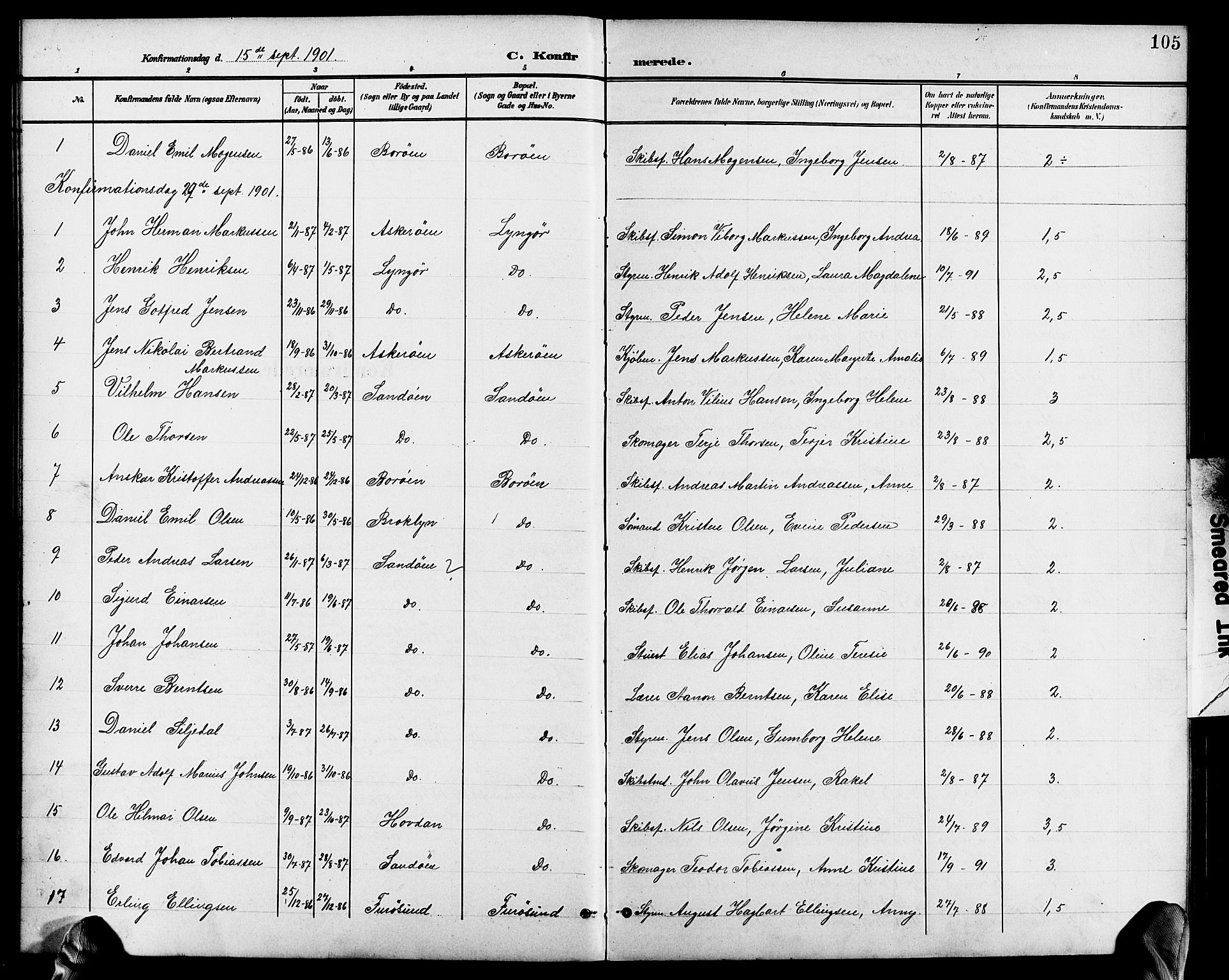 Dypvåg sokneprestkontor, AV/SAK-1111-0007/F/Fb/Fba/L0014: Klokkerbok nr. B 14, 1901-1922, s. 105