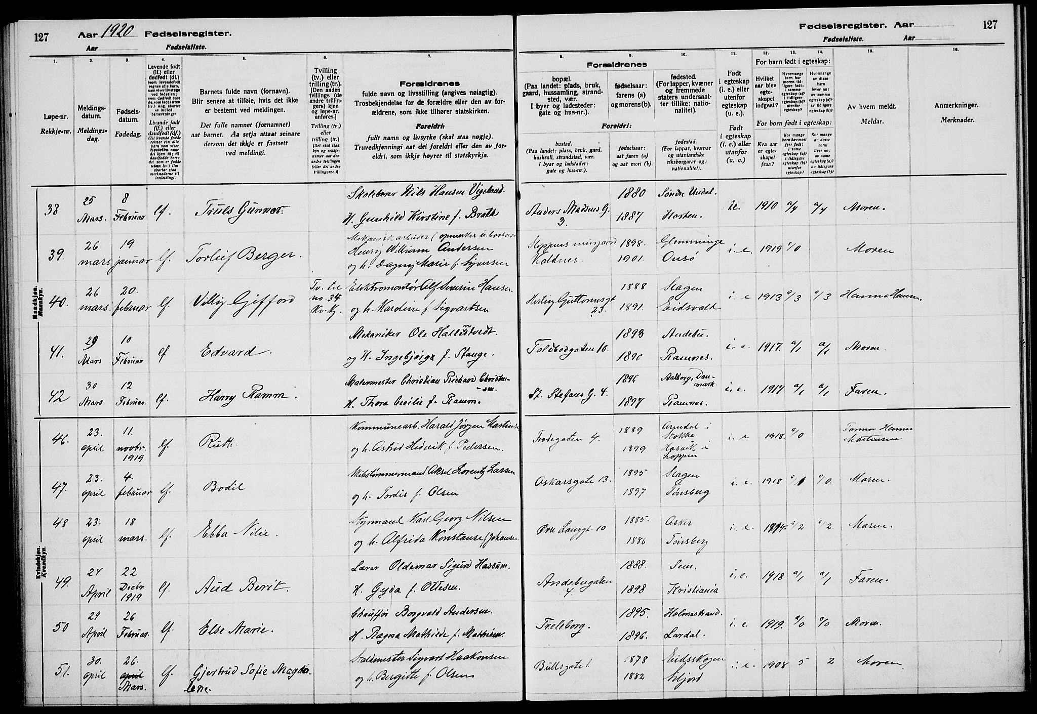 Tønsberg kirkebøker, AV/SAKO-A-330/J/Ja/L0001: Fødselsregister nr. 1, 1916-1922, s. 127