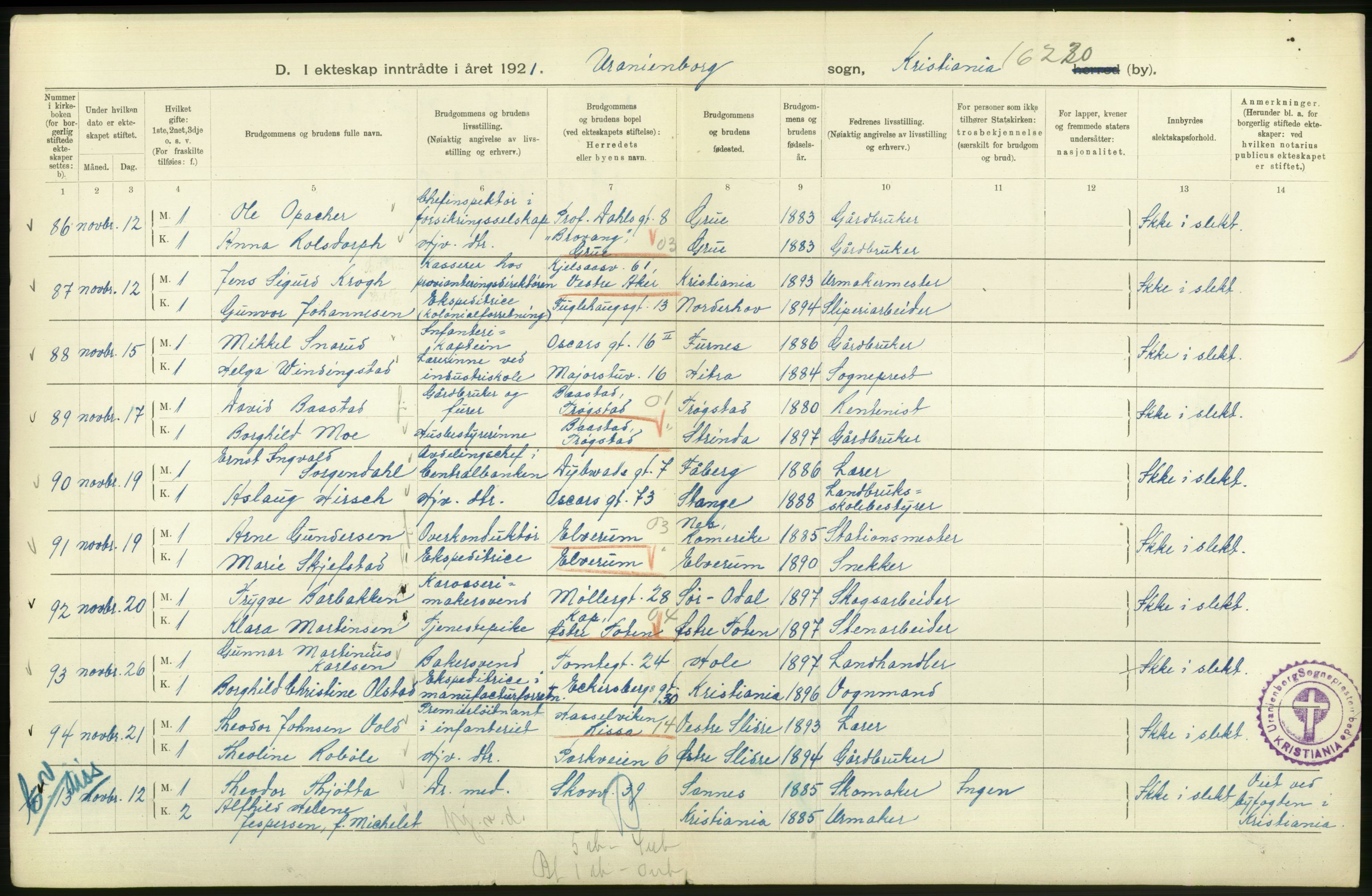 Statistisk sentralbyrå, Sosiodemografiske emner, Befolkning, RA/S-2228/D/Df/Dfc/Dfca/L0011: Kristiania: Gifte, 1921, s. 250