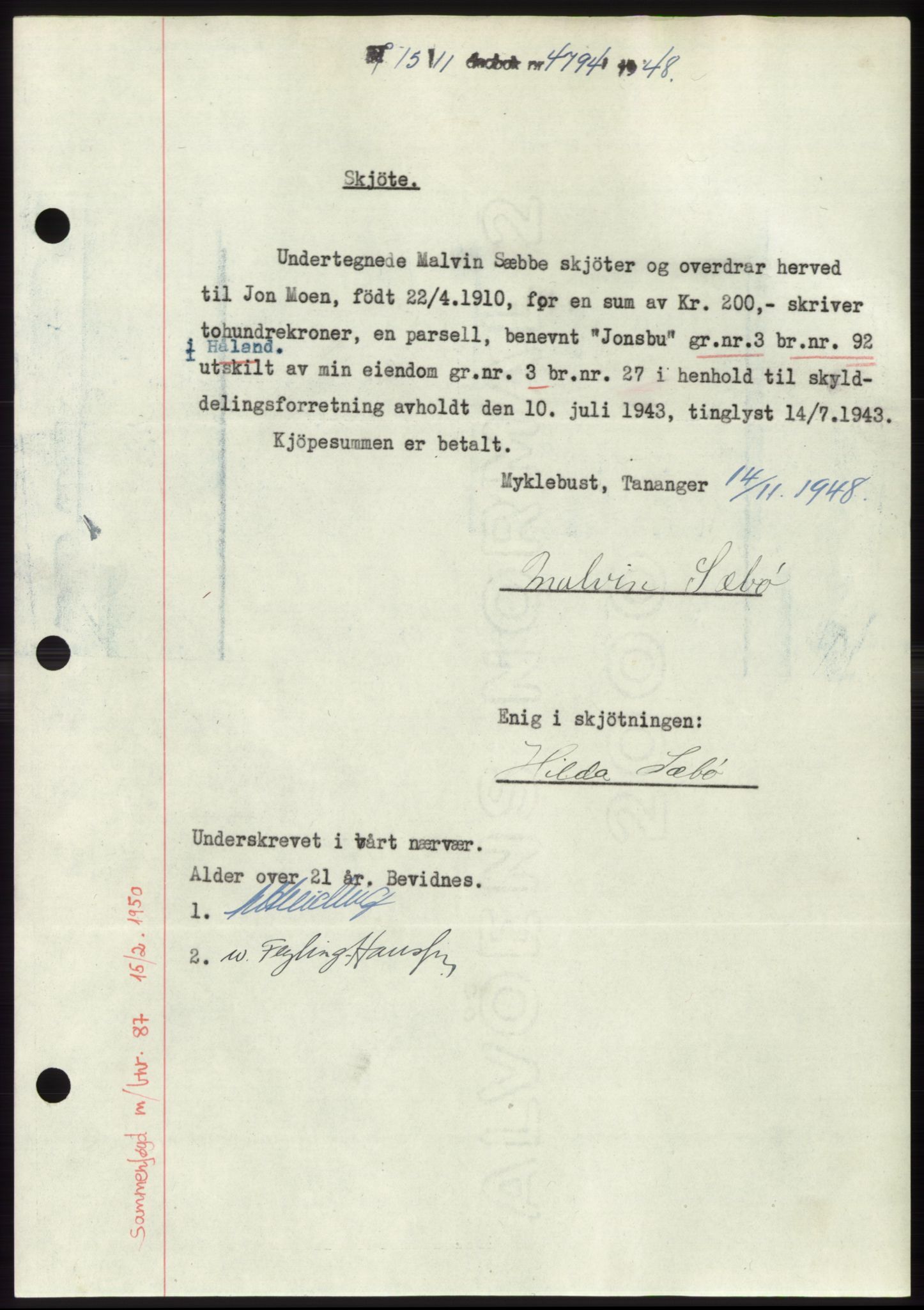 Jæren sorenskriveri, SAST/A-100310/03/G/Gba/L0100: Pantebok, 1948-1948, Dagboknr: 4794/1948
