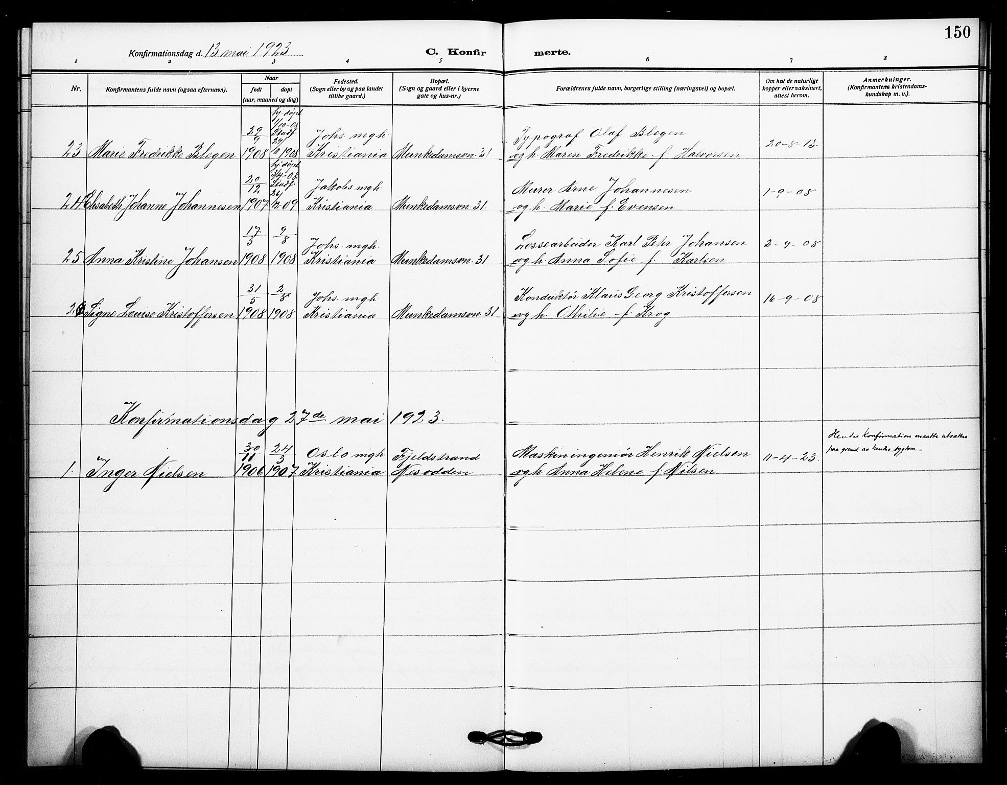 Johannes prestekontor Kirkebøker, AV/SAO-A-10852/F/Fa/L0011: Ministerialbok nr. 11, 1908-1921, s. 150
