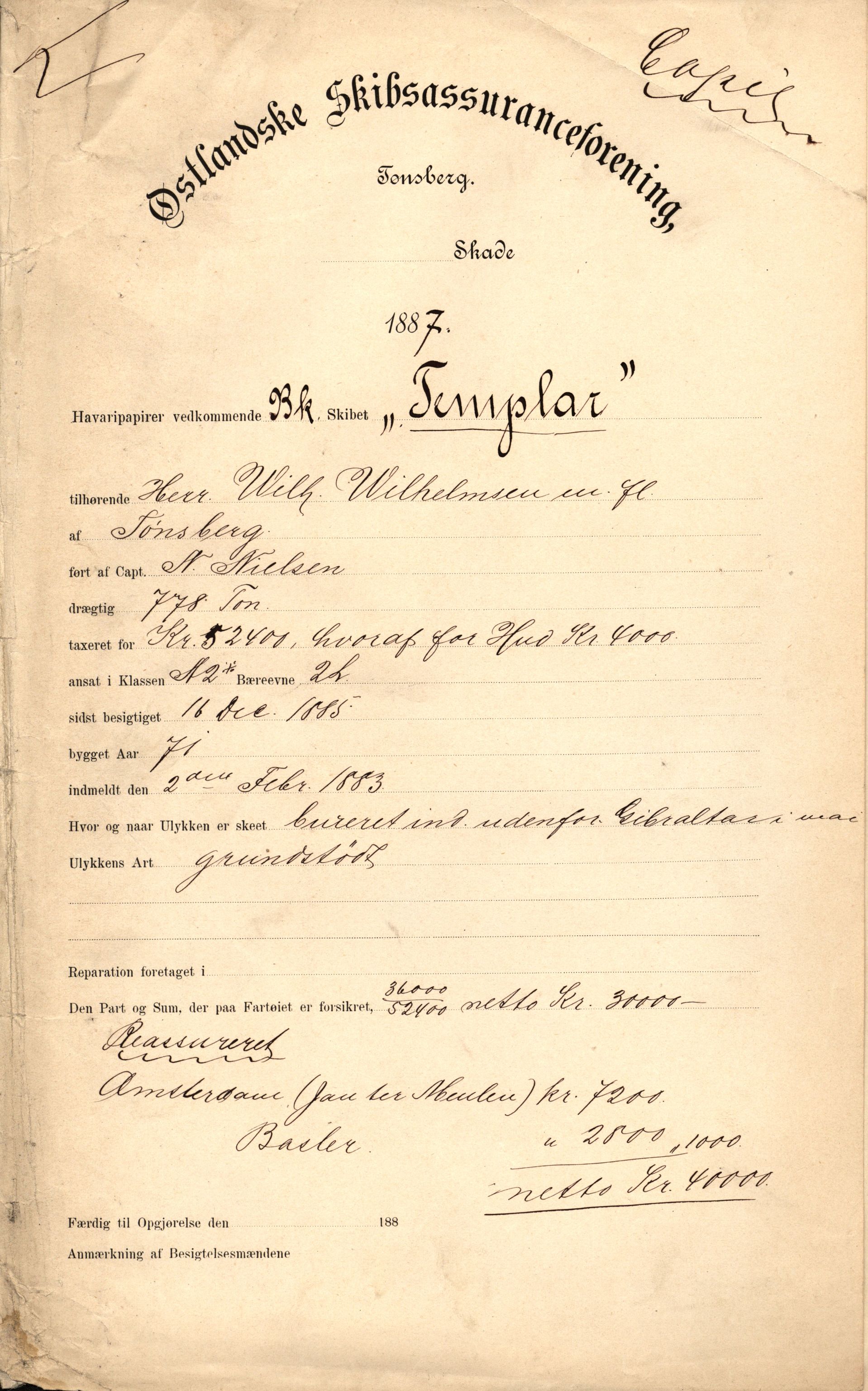 Pa 63 - Østlandske skibsassuranceforening, VEMU/A-1079/G/Ga/L0020/0003: Havaridokumenter / Anton, Diamant, Templar, Finn, Eliezer, Arctic, 1887, s. 136