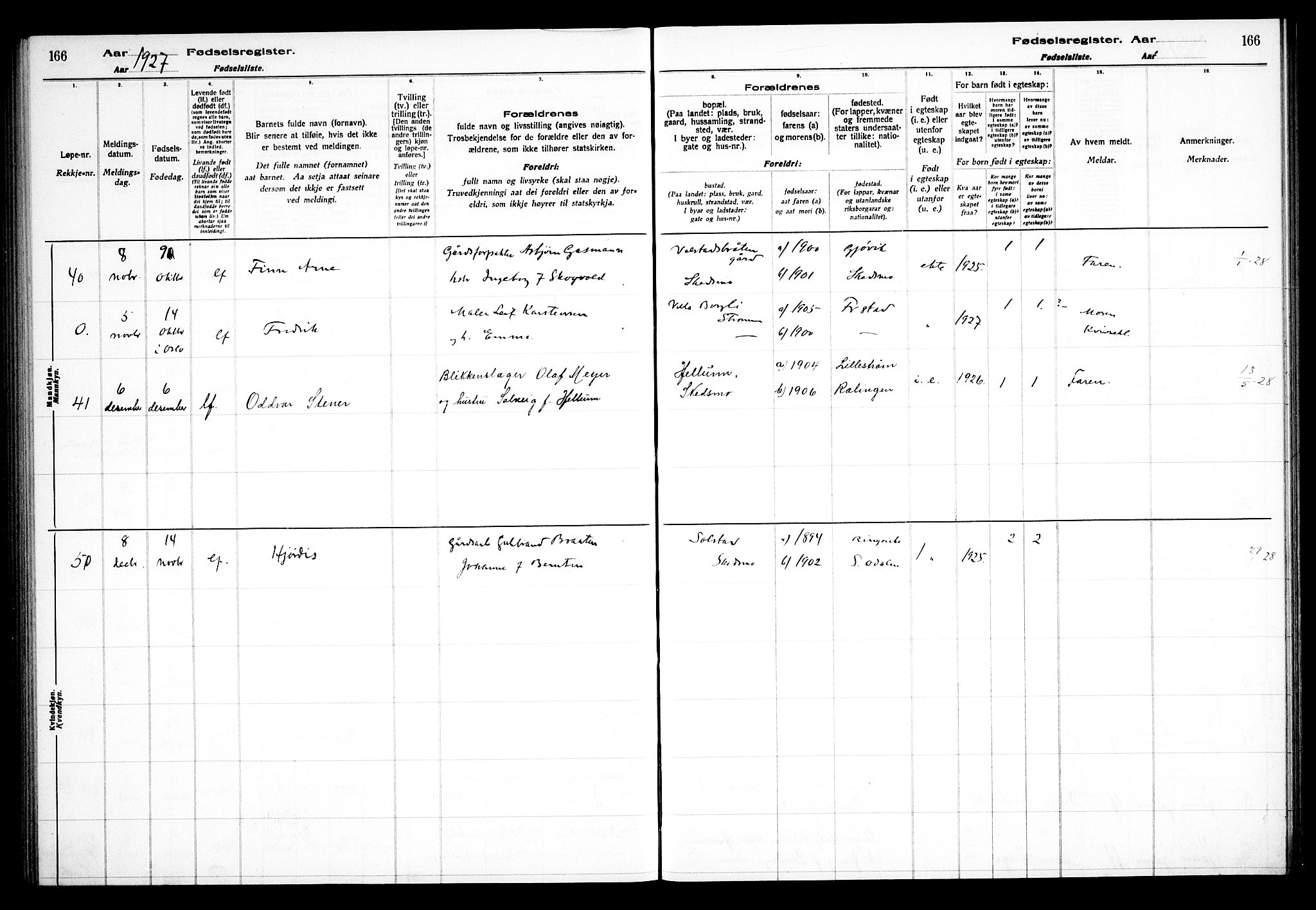 Skedsmo prestekontor Kirkebøker, AV/SAO-A-10033a/J/Ja/L0001: Fødselsregister nr. I 1, 1916-1931, s. 166