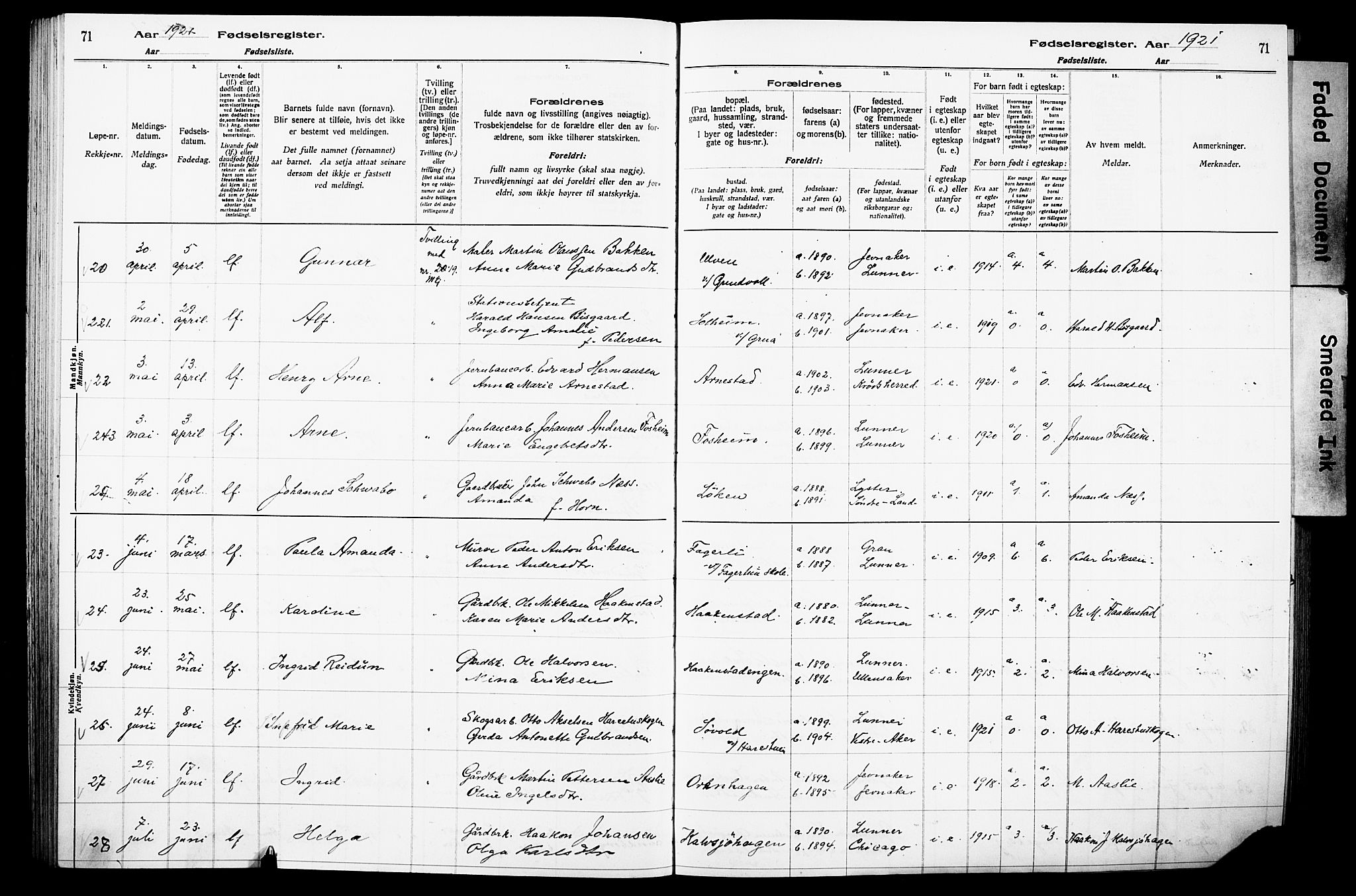 Lunner prestekontor, AV/SAH-PREST-118/I/Id/L0001: Fødselsregister nr. 1, 1916-1932, s. 71