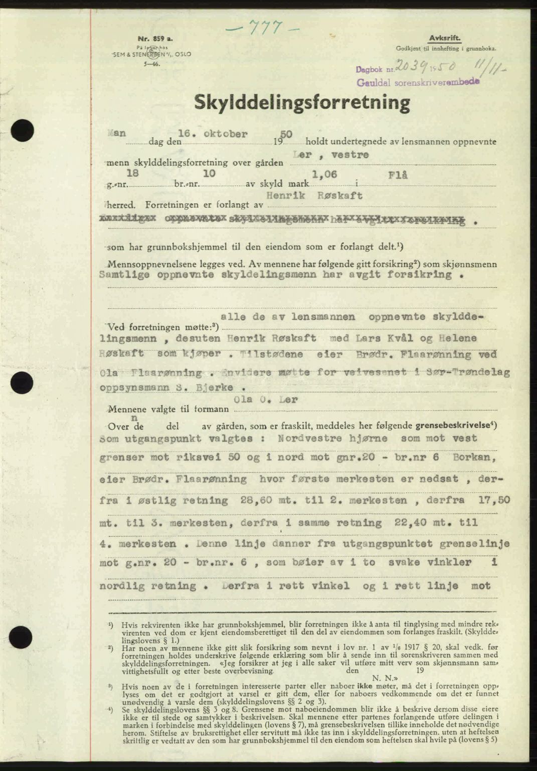 Gauldal sorenskriveri, SAT/A-0014/1/2/2C: Pantebok nr. A11, 1950-1950, Dagboknr: 2039/1950