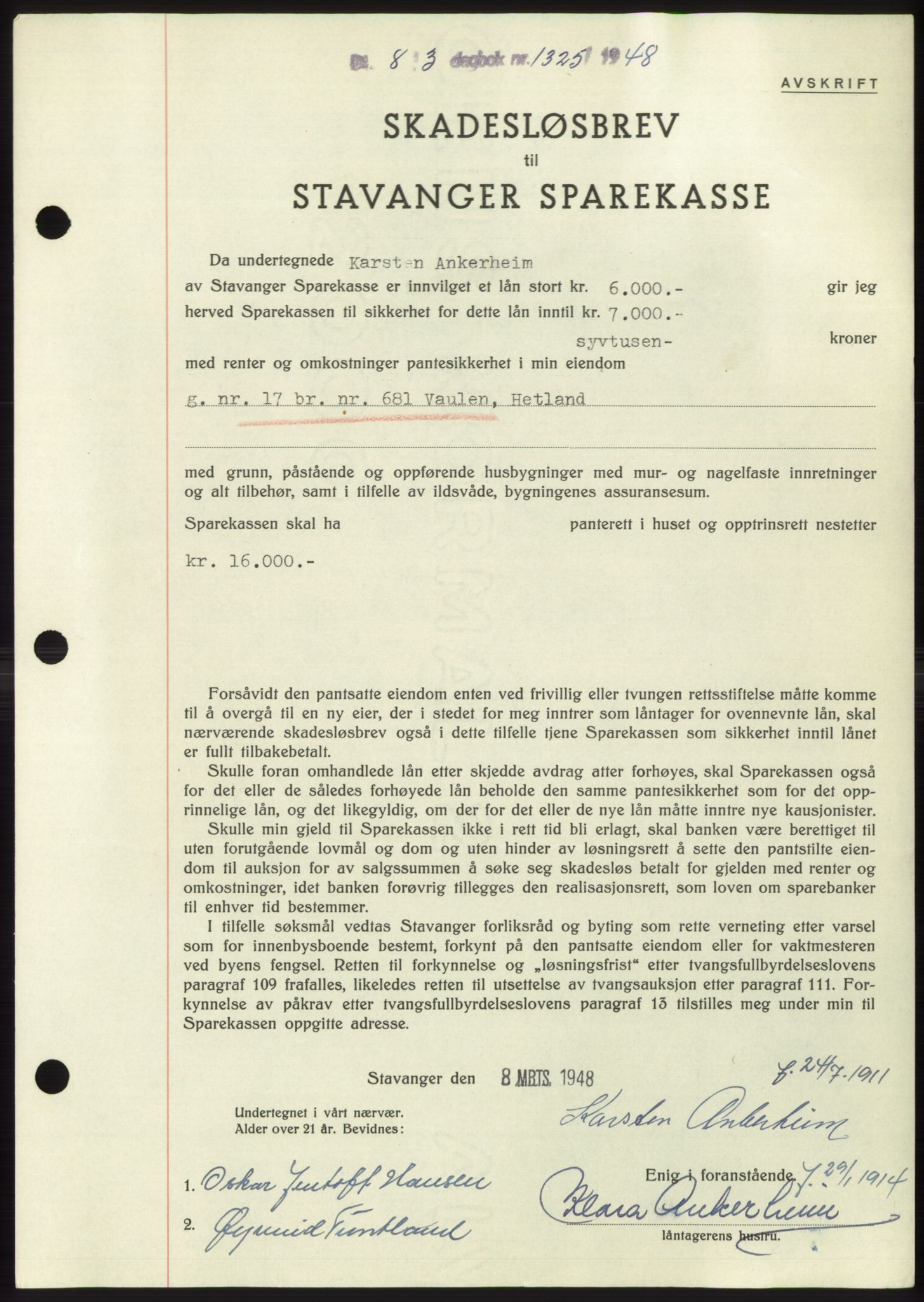 Jæren sorenskriveri, SAST/A-100310/03/G/Gba/L0098: Pantebok, 1948-1948, Dagboknr: 1325/1948