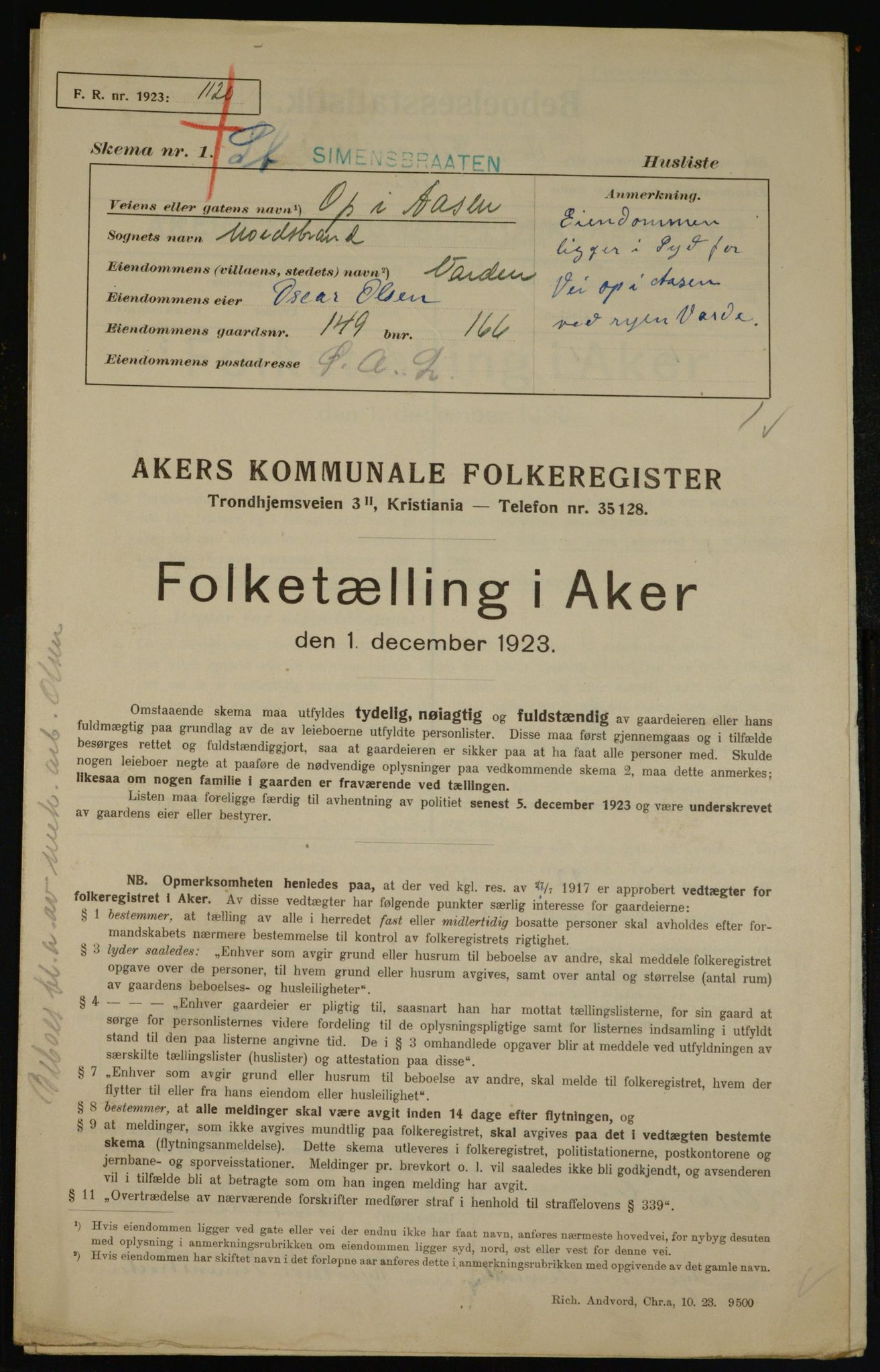 , Kommunal folketelling 1.12.1923 for Aker, 1923, s. 43197