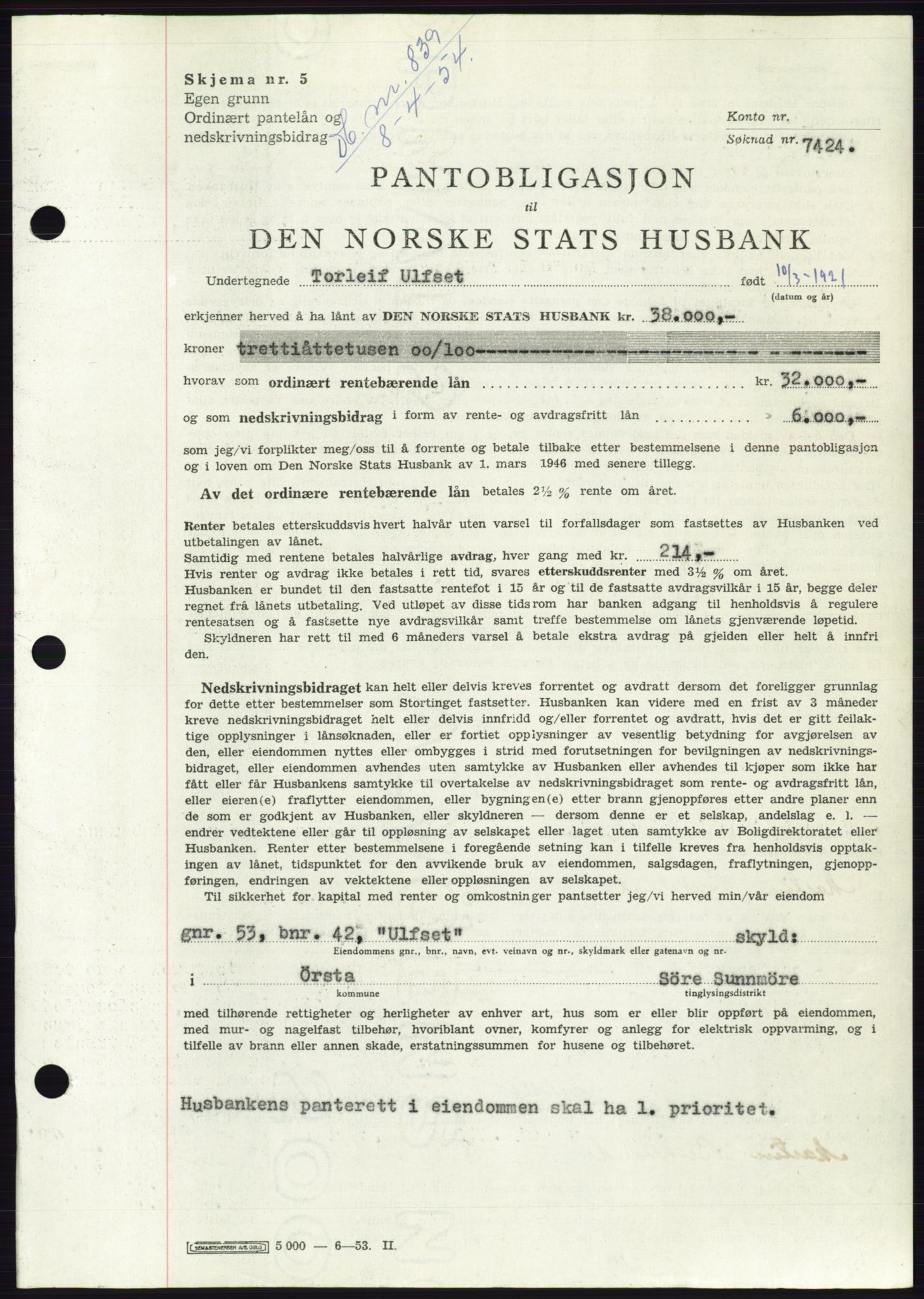 Søre Sunnmøre sorenskriveri, SAT/A-4122/1/2/2C/L0124: Pantebok nr. 12B, 1953-1954, Dagboknr: 839/1954