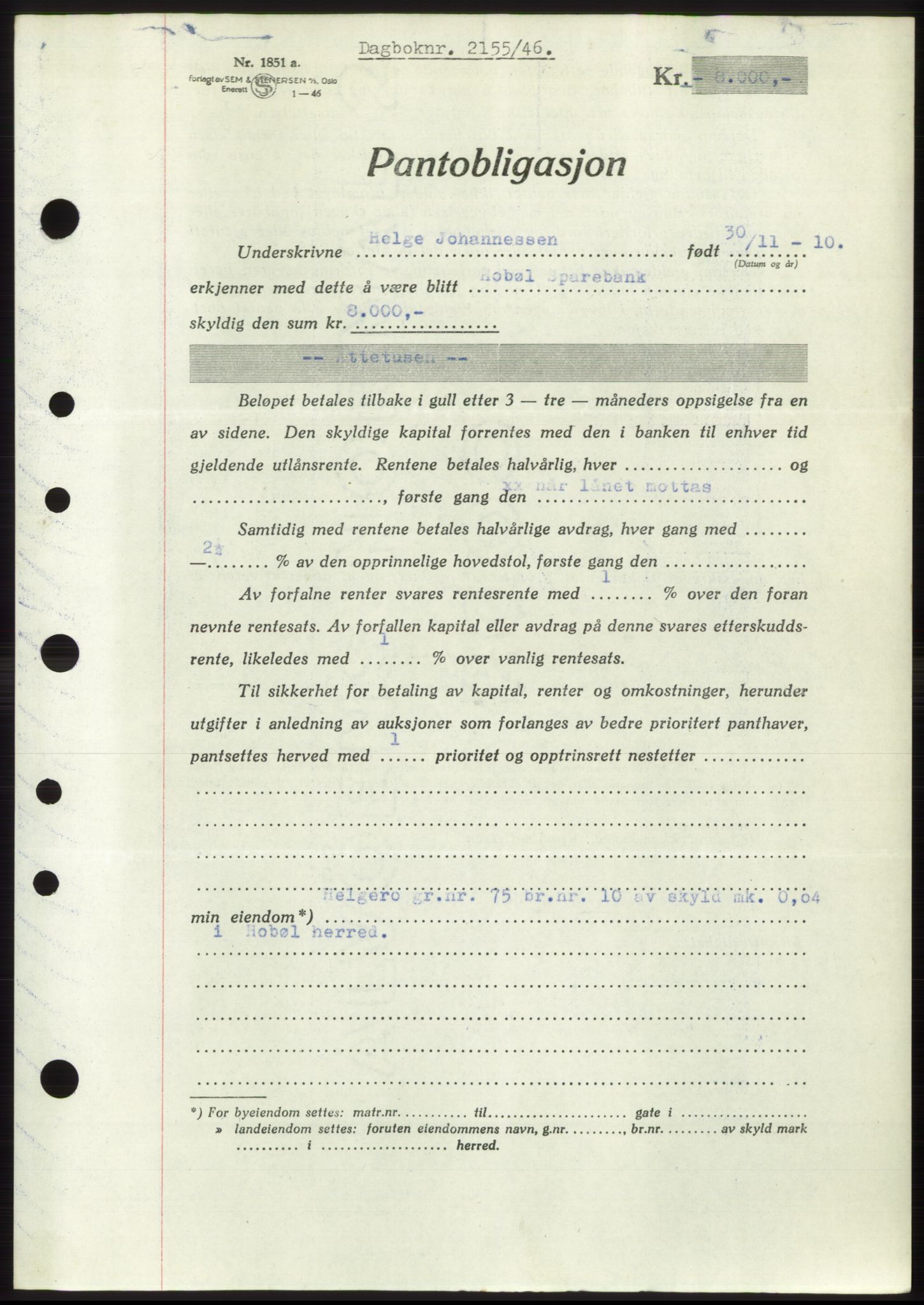 Moss sorenskriveri, SAO/A-10168: Pantebok nr. B15, 1946-1946, Dagboknr: 2155/1946
