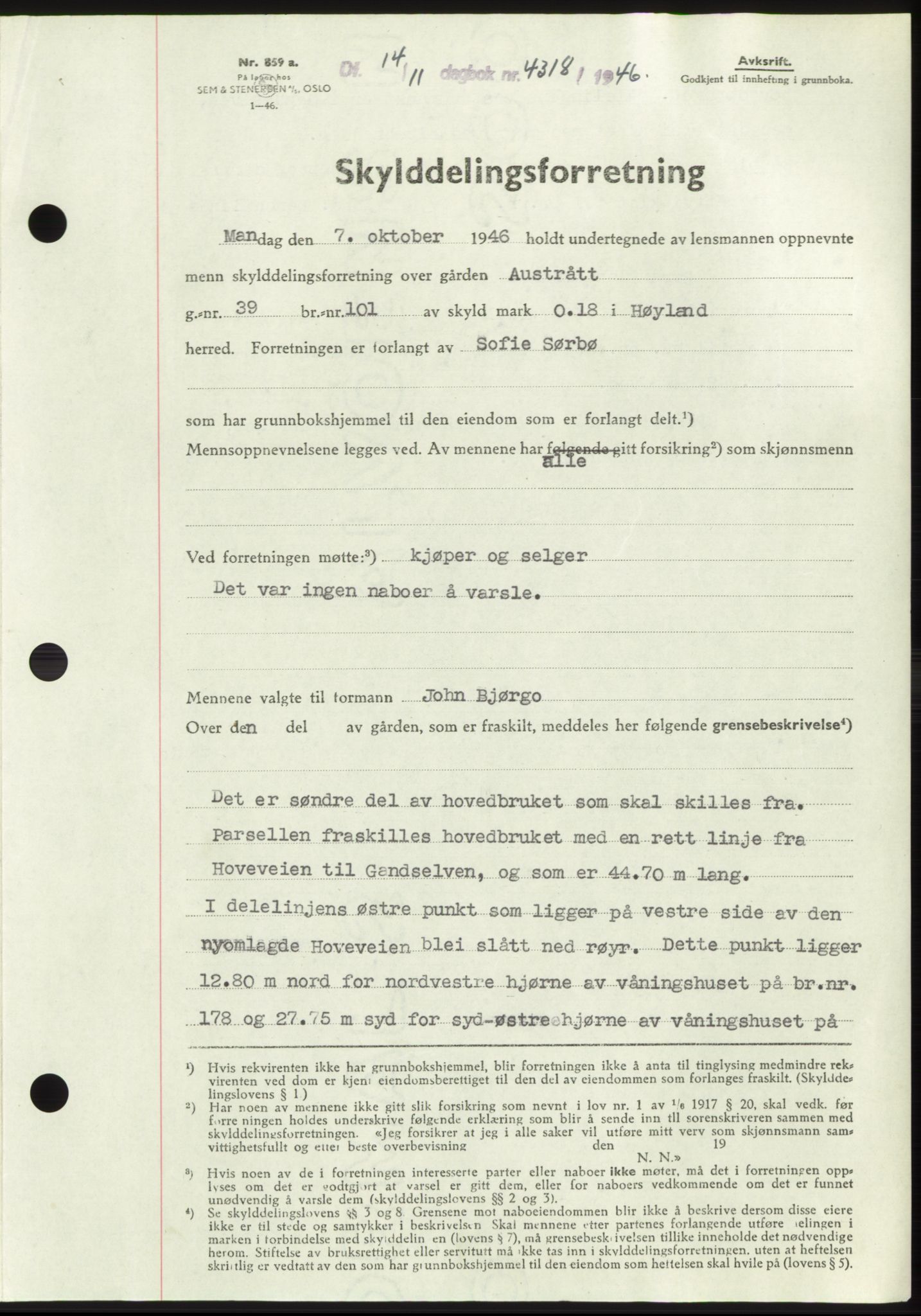 Jæren sorenskriveri, SAST/A-100310/03/G/Gba/L0092: Pantebok, 1946-1946, Dagboknr: 4318/1946