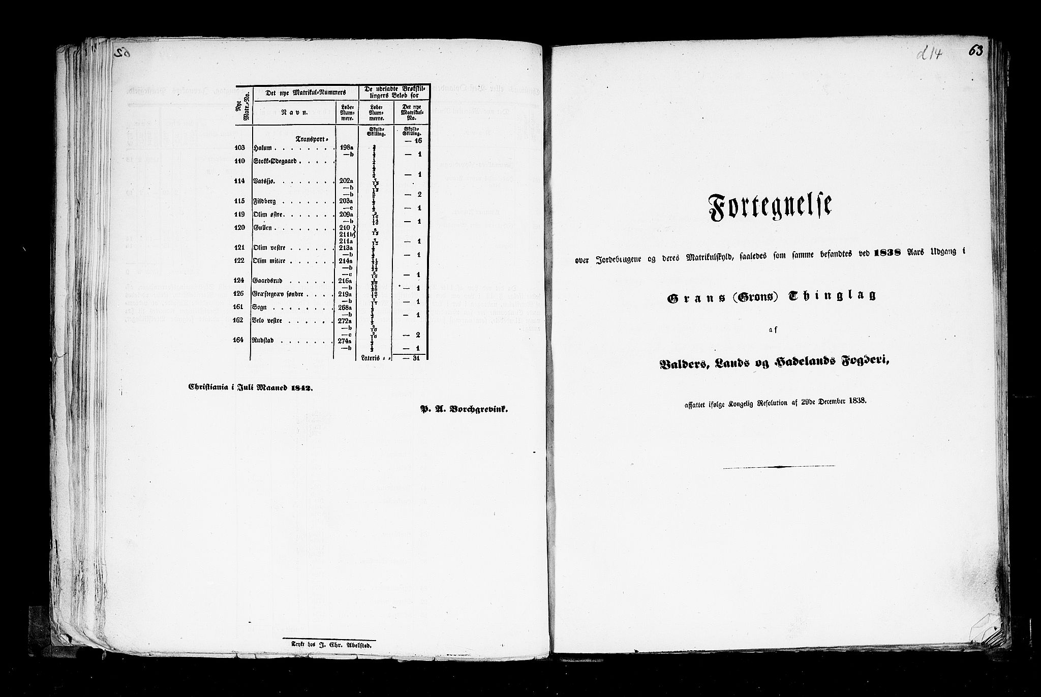 Rygh, RA/PA-0034/F/Fb/L0004: Matrikkelen for 1838 - Christians amt (Oppland fylke), 1838, s. 63a
