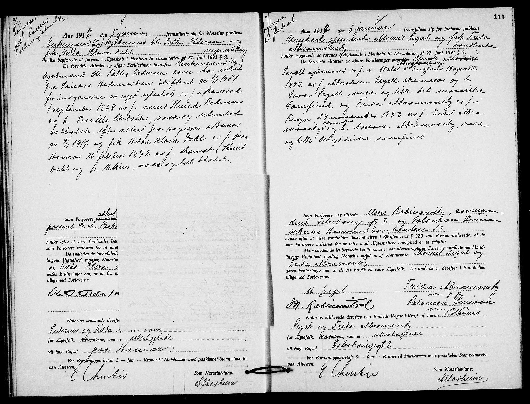 Oslo byfogd avd. I, SAO/A-10220/L/Lb/Lbb/L0011: Notarialprotokoll, rekke II: Vigsler, 1916-1918, s. 114b-115a