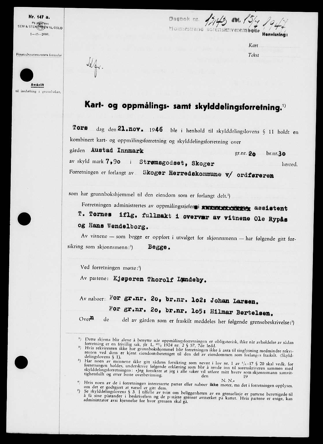 Holmestrand sorenskriveri, SAKO/A-67/G/Ga/Gaa/L0062: Pantebok nr. A-62, 1947-1947, Dagboknr: 1243/1947
