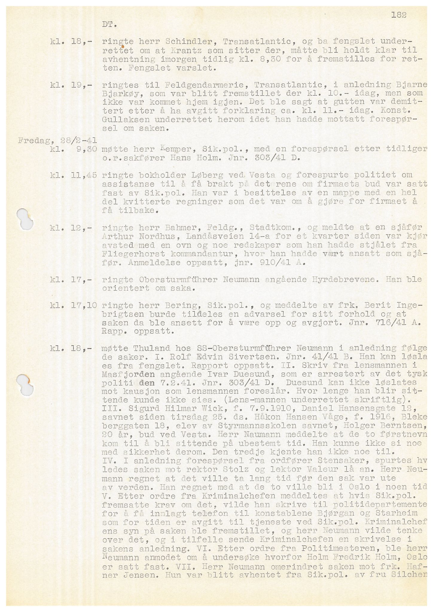 Bergen politikammer / politidistrikt, SAB/A-60401/Y/Ye/L0001: Avskrift av krigsdagbok av Dankert Thuland, 1940-1941, s. 182