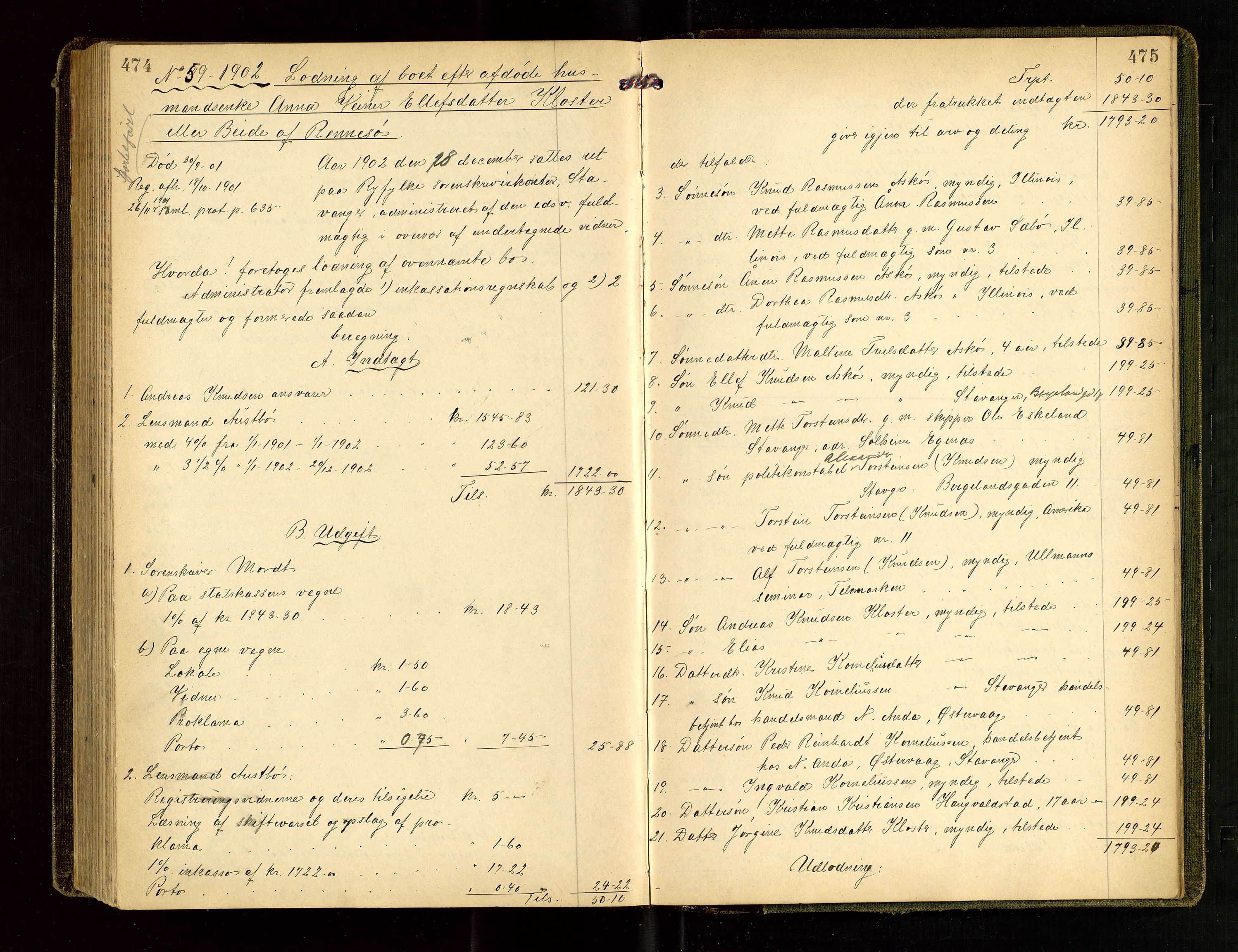 Ryfylke tingrett, AV/SAST-A-100055/001/IV/IVG/L0001: Skifteutlodningsprotokoll Med register, 1899-1903, s. 474-475