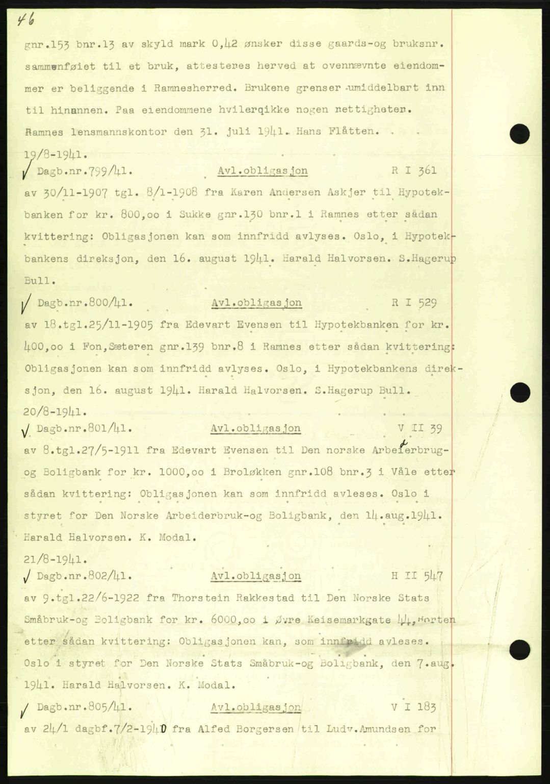 Horten sorenskriveri, SAKO/A-133/G/Ga/Gab/L0003: Pantebok nr. B-5 - B-6, 1941-1943, Dagboknr: 799/1941