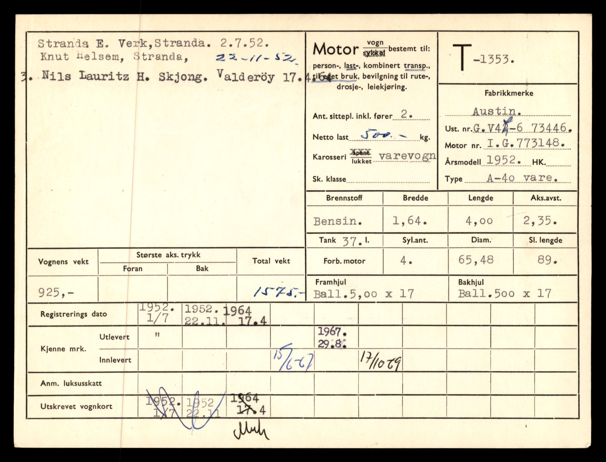 Møre og Romsdal vegkontor - Ålesund trafikkstasjon, SAT/A-4099/F/Fe/L0012: Registreringskort for kjøretøy T 1290 - T 1450, 1927-1998, s. 1442