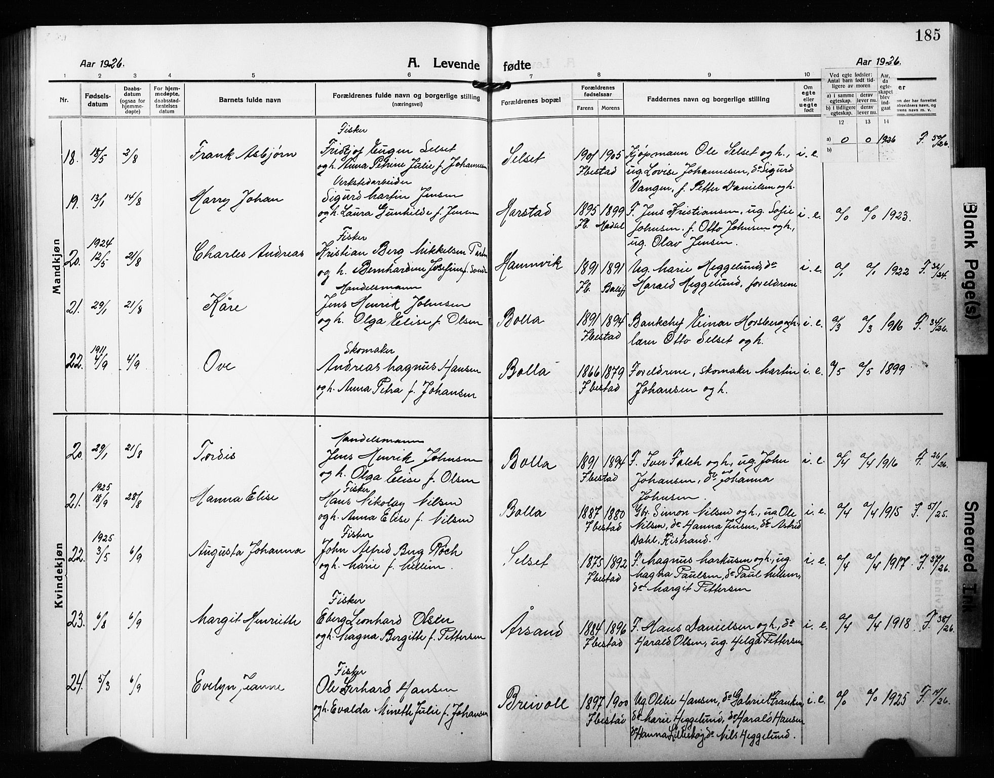 Ibestad sokneprestembete, AV/SATØ-S-0077/H/Ha/Hab/L0010klokker: Klokkerbok nr. 10, 1915-1929, s. 185