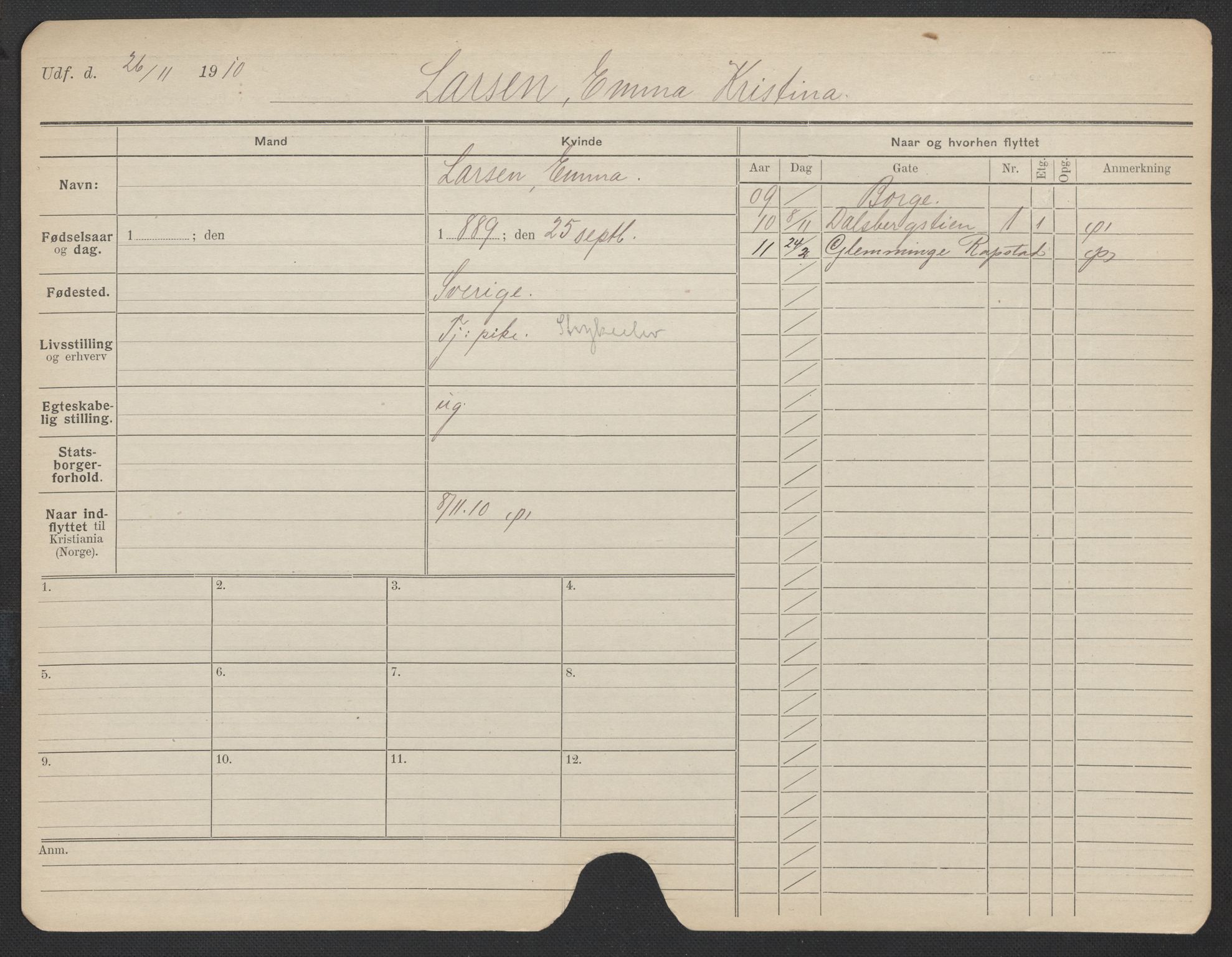 Oslo folkeregister, Registerkort, AV/SAO-A-11715/F/Fa/Fac/L0019: Kvinner, 1906-1914, s. 875a