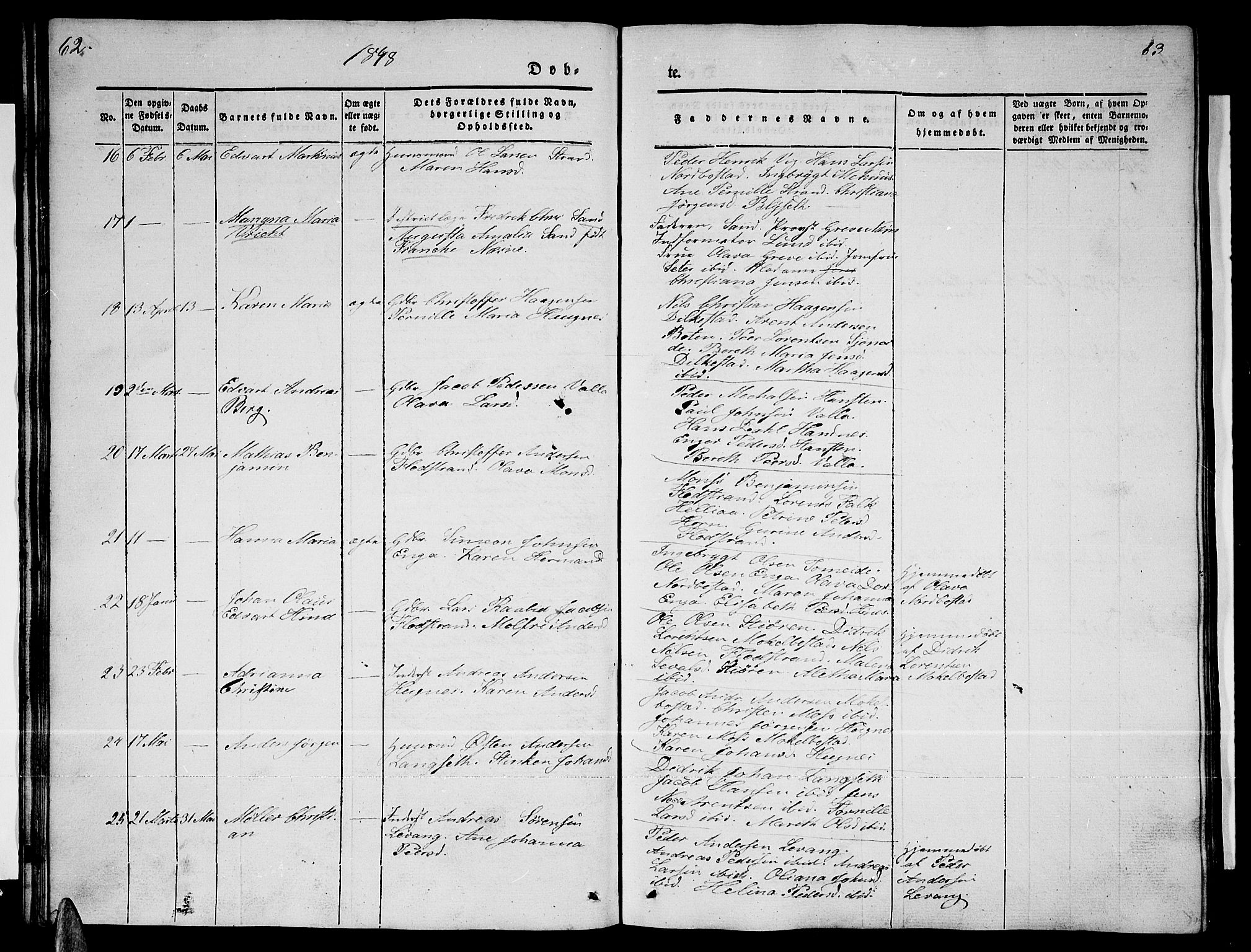 Ministerialprotokoller, klokkerbøker og fødselsregistre - Nordland, AV/SAT-A-1459/838/L0555: Klokkerbok nr. 838C02, 1842-1861, s. 62-63