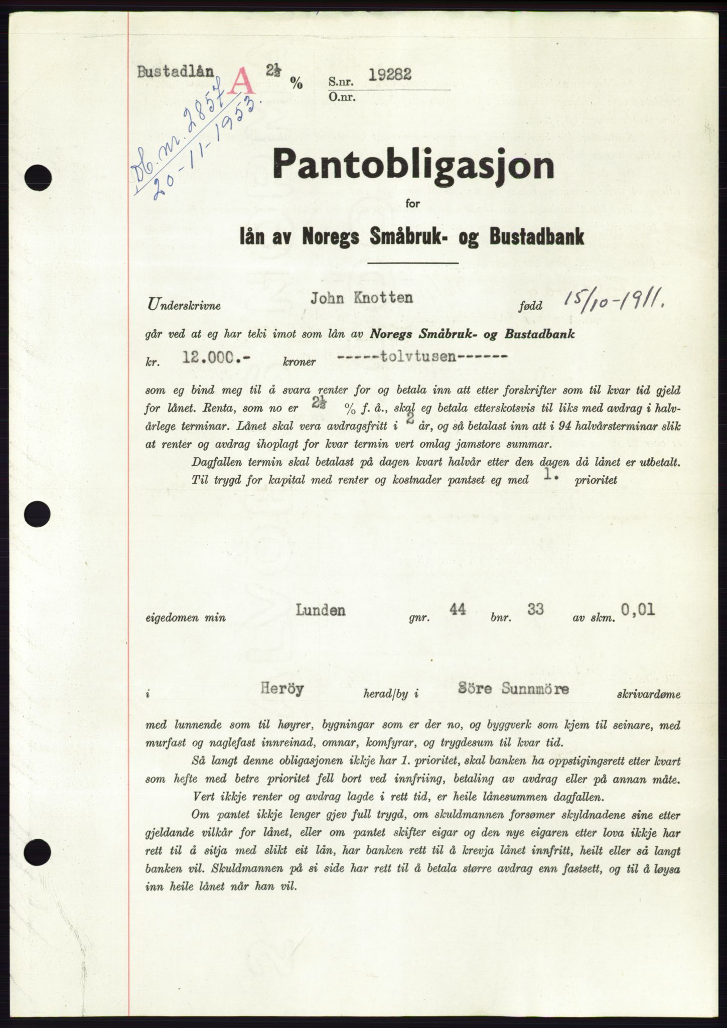Søre Sunnmøre sorenskriveri, AV/SAT-A-4122/1/2/2C/L0124: Pantebok nr. 12B, 1953-1954, Dagboknr: 2857/1953