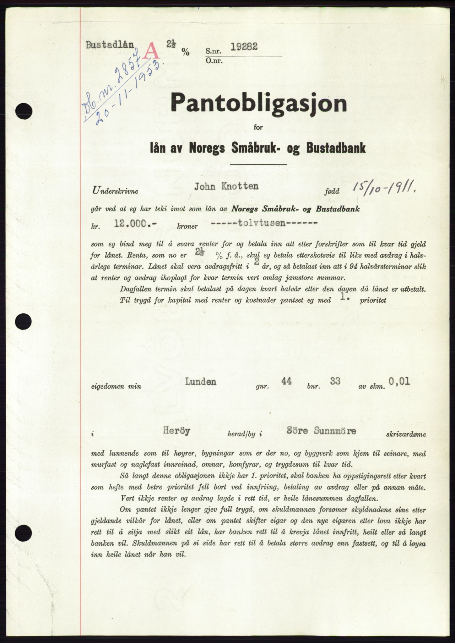 Søre Sunnmøre sorenskriveri, SAT/A-4122/1/2/2C/L0124: Pantebok nr. 12B, 1953-1954, Dagboknr: 2857/1953