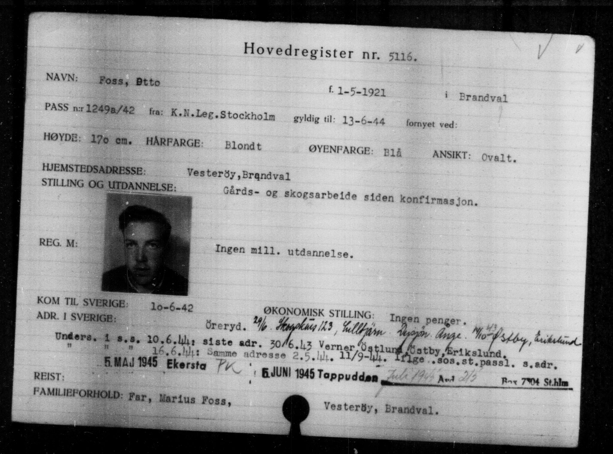 Utenriksstasjonene, Legasjonen i Stockholm, Flyktningkontoret, AV/RA-S-6753/V/Va/L0004: Kjesäterkartoteket, flyktninger med registreringsnr. 3496-6610, 1940-1945, s. 1909