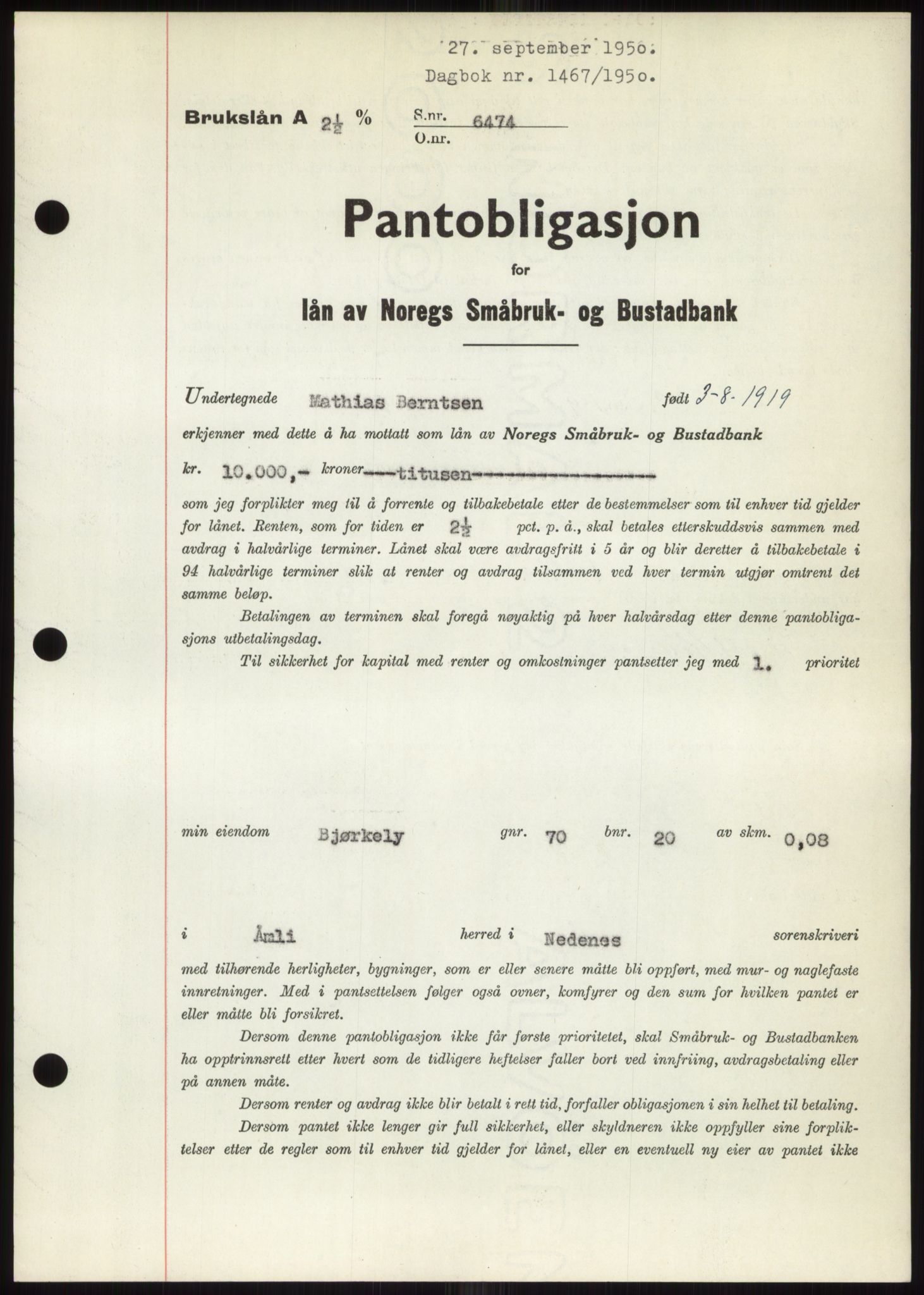 Nedenes sorenskriveri, SAK/1221-0006/G/Gb/Gbb/L0008: Pantebok nr. B8, 1950-1950, Dagboknr: 1467/1950