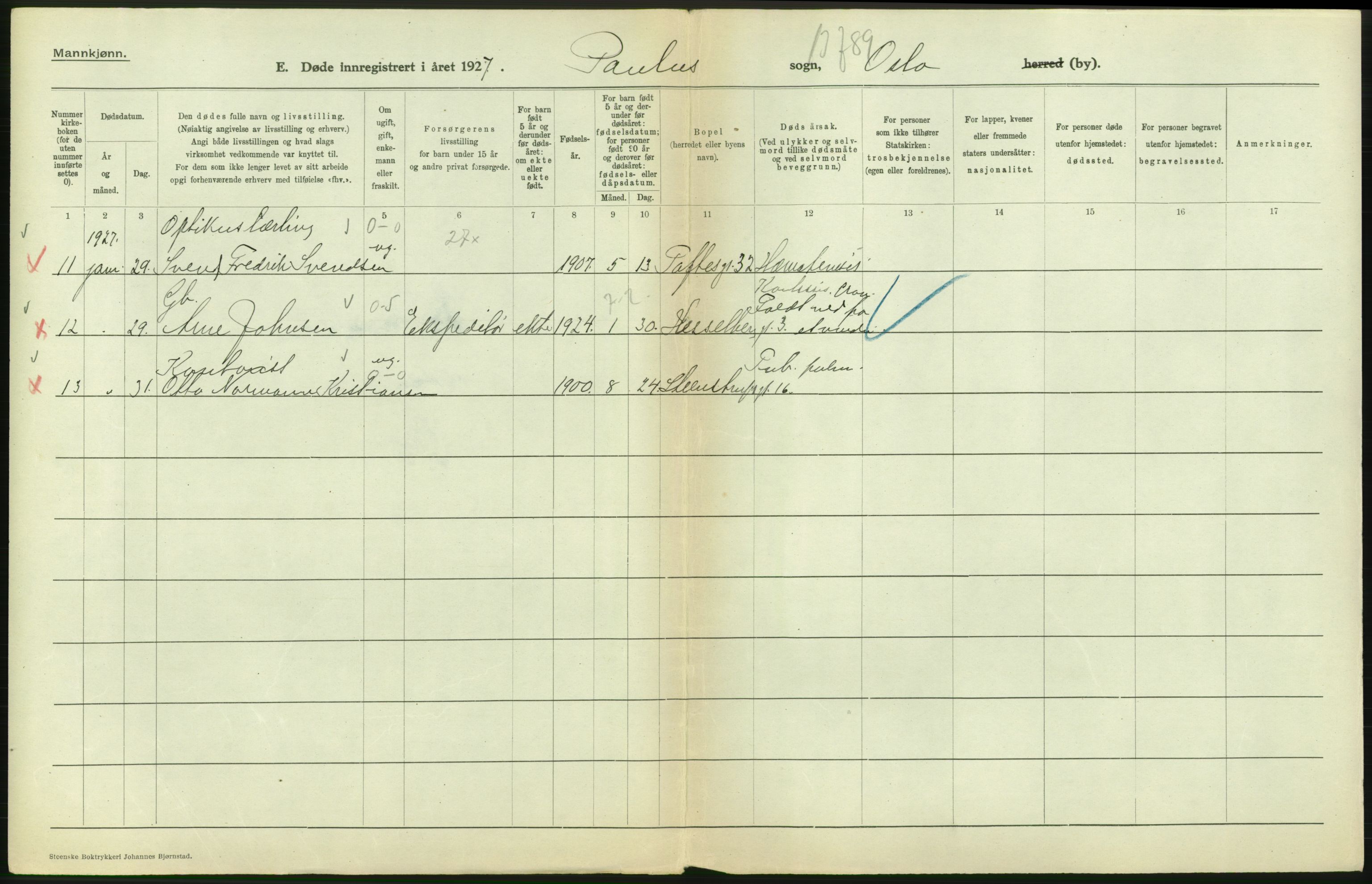 Statistisk sentralbyrå, Sosiodemografiske emner, Befolkning, AV/RA-S-2228/D/Df/Dfc/Dfcg/L0009: Oslo: Døde menn, 1927, s. 348